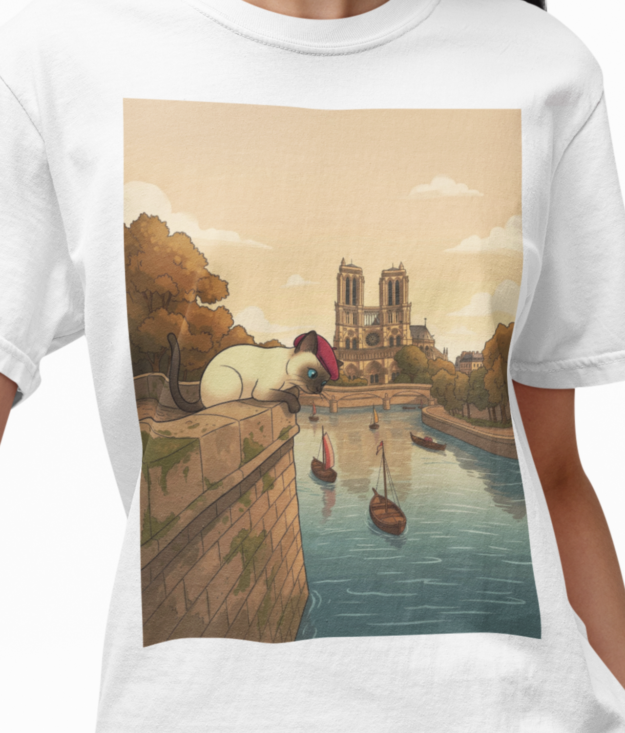 Nostalgic Siamese Cat Paris Siene River Scene | Comfort Colors Unisex Graphic Tee | Cat Lovers Notre-Dame Sketch with Sunset Canoes product thumbnail image