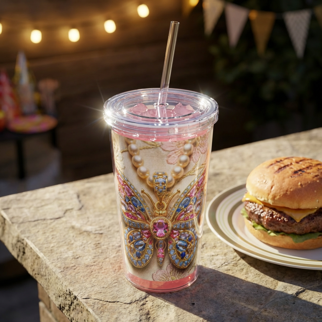 Jeweled Butterfly Tumbler with Straw — Vintage Floral Rhinestone Design product thumbnail image Jeweled Butterfly Tumbler with Straw — Vintage Floral Rhinestone Design product thumbnail image