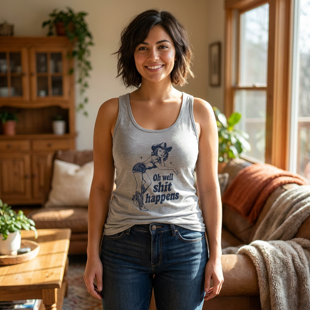 Graphic Tank Top — 'Oh Well Shit Happens' Retro Cowgirl