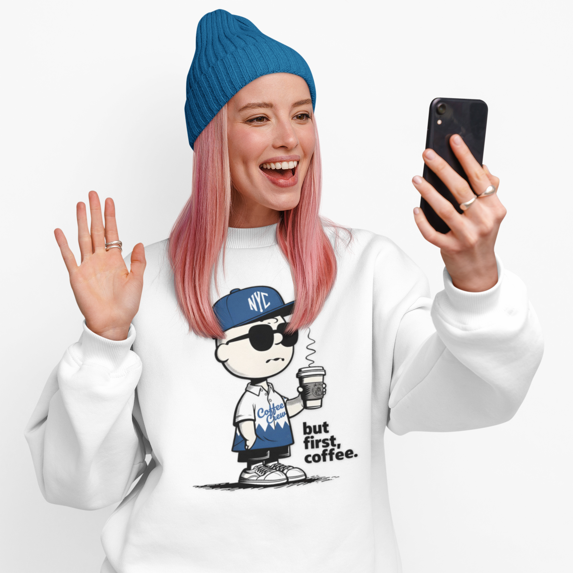 Charlie + Coffee Crewneck Sweatshirt — "but first, coffee." product thumbnail image Charlie + Coffee Crewneck Sweatshirt — "but first, coffee." product thumbnail image