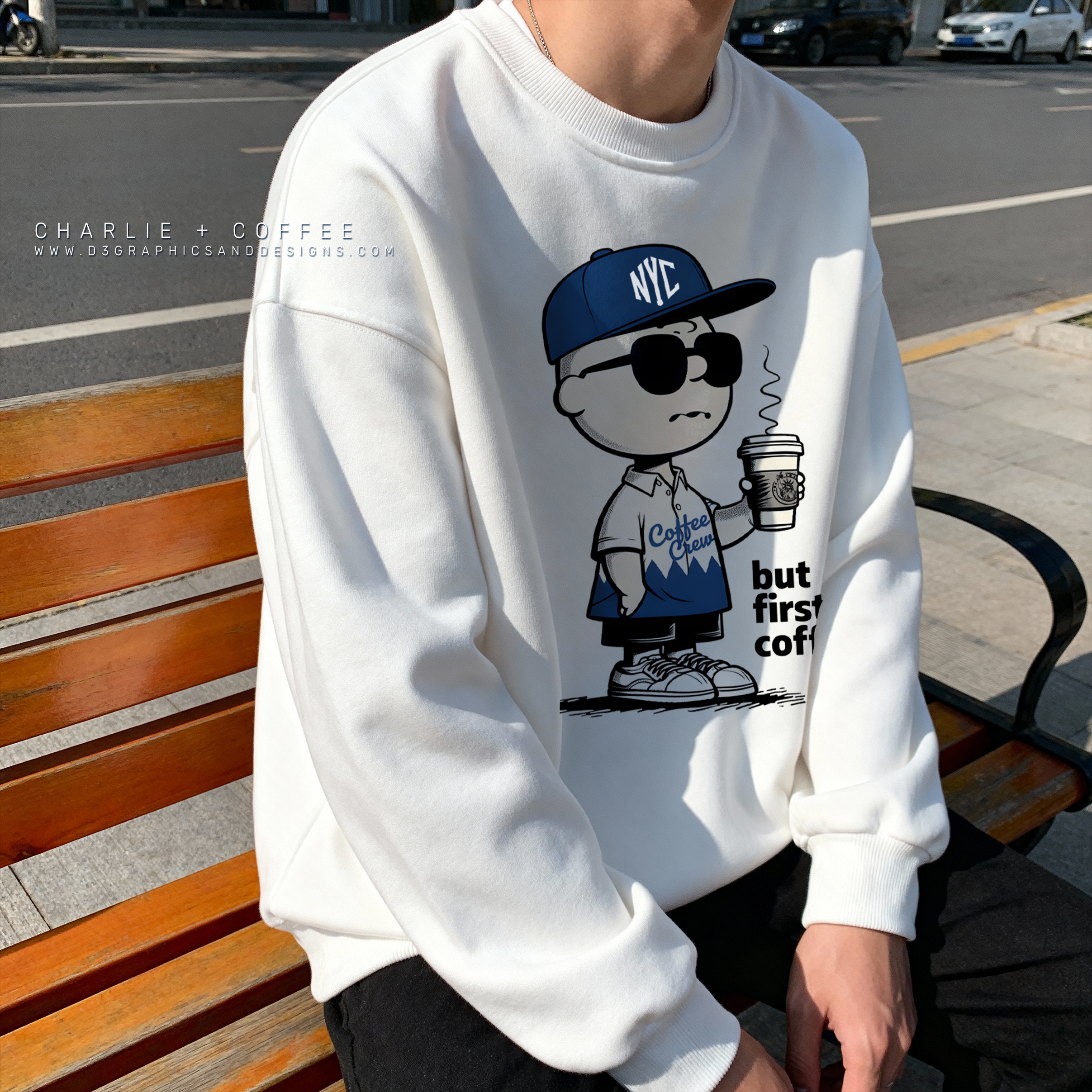 Charlie + Coffee Crewneck Sweatshirt — "but first, coffee." product thumbnail image Charlie + Coffee Crewneck Sweatshirt — "but first, coffee." product thumbnail image