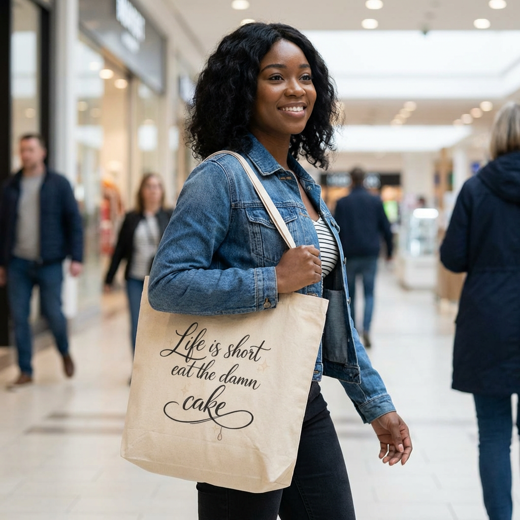 Canvas Tote — "Life Is Short, Eat the Damn Cake" Hand Lettered Market Bag & Gift Bag product thumbnail image Canvas Tote — "Life Is Short, Eat the Damn Cake" Hand Lettered Market Bag & Gift Bag product thumbnail image