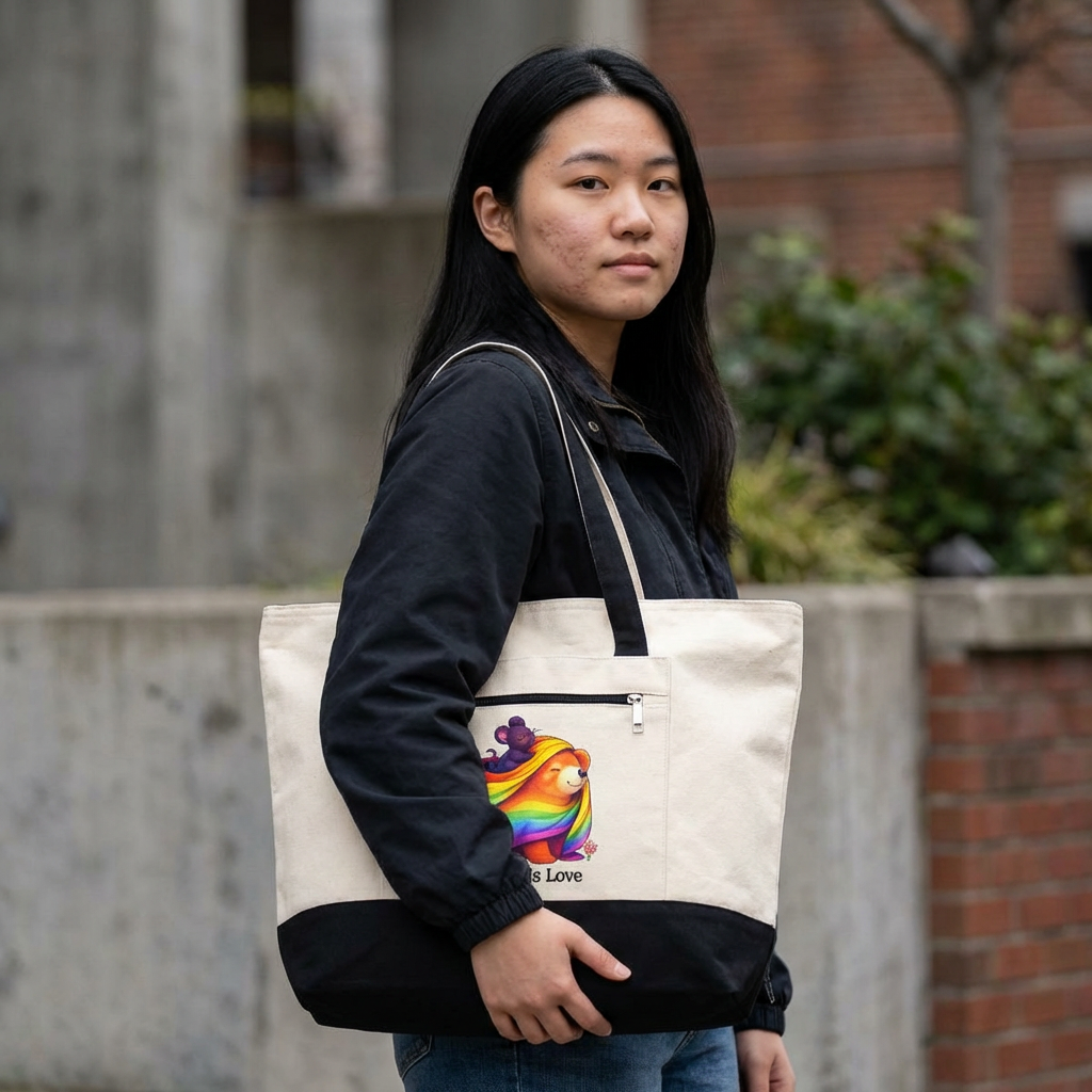 Autism Awareness Infinity Rainbow Ribbon Canvas Tote | Neurodivergence Acceptance | "Support is Love" Cute Mouse and Bear Love Neurodiversity Empowerment Graphic Zippered Bag product thumbnail image