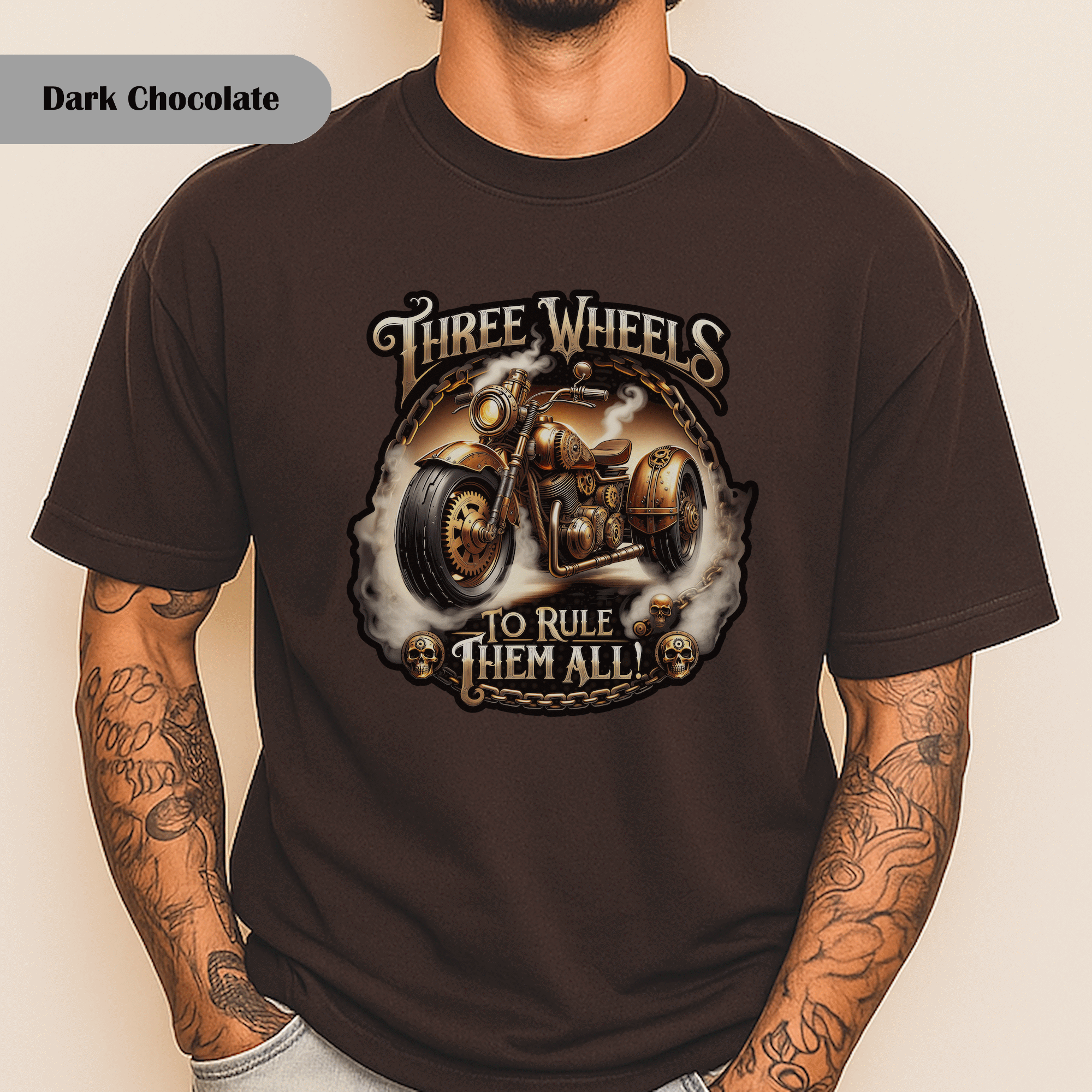 Three Wheels to Rule Them All Motorcycle T‑Shirt, Steampunk Trike Shirt for Motorcycle Enthusiasts product thumbnail image Three Wheels to Rule Them All Motorcycle T‑Shirt, Steampunk Trike Shirt for Motorcycle Enthusiasts product thumbnail image