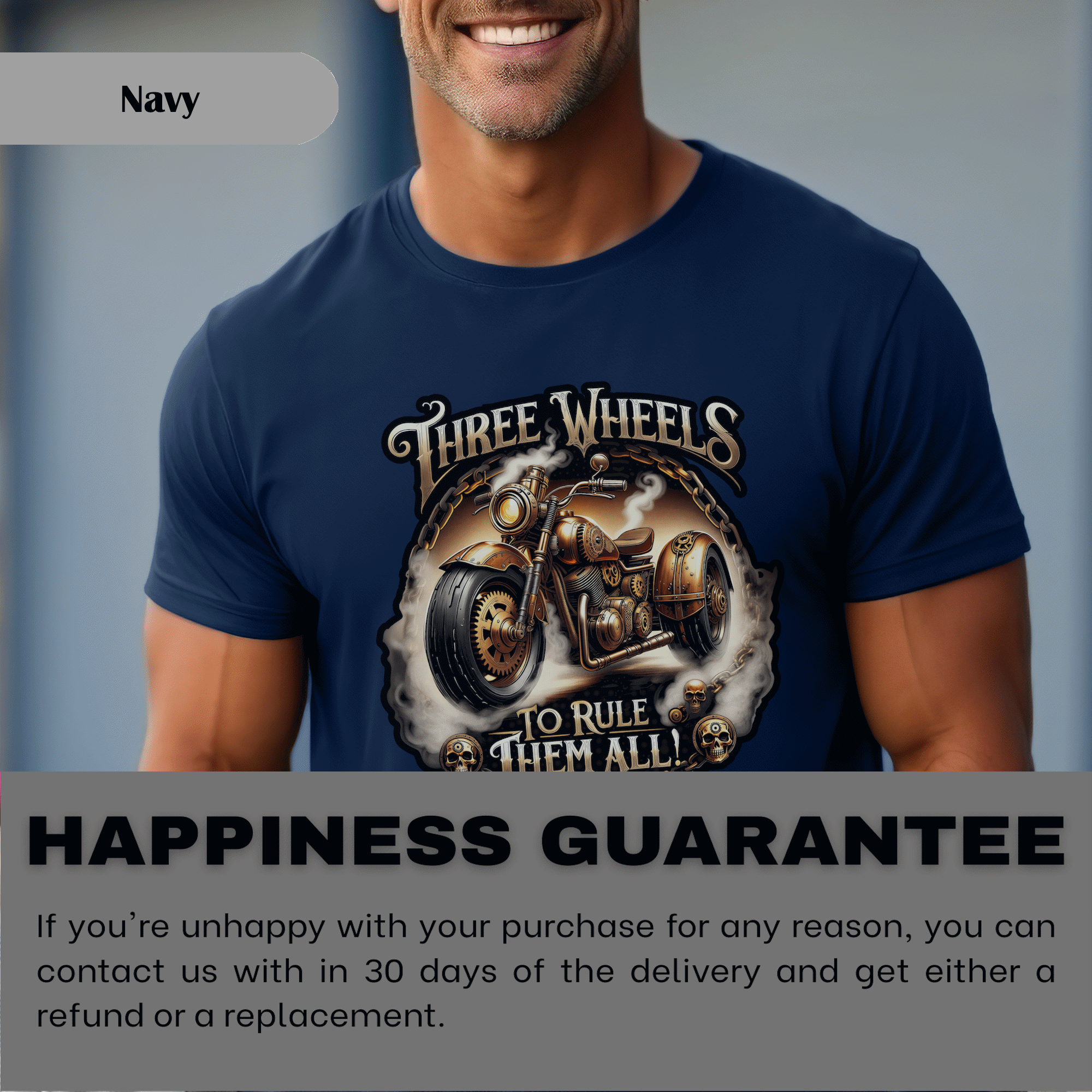 Three Wheels to Rule Them All Motorcycle T‑Shirt, Steampunk Trike Shirt for Motorcycle Enthusiasts product thumbnail image