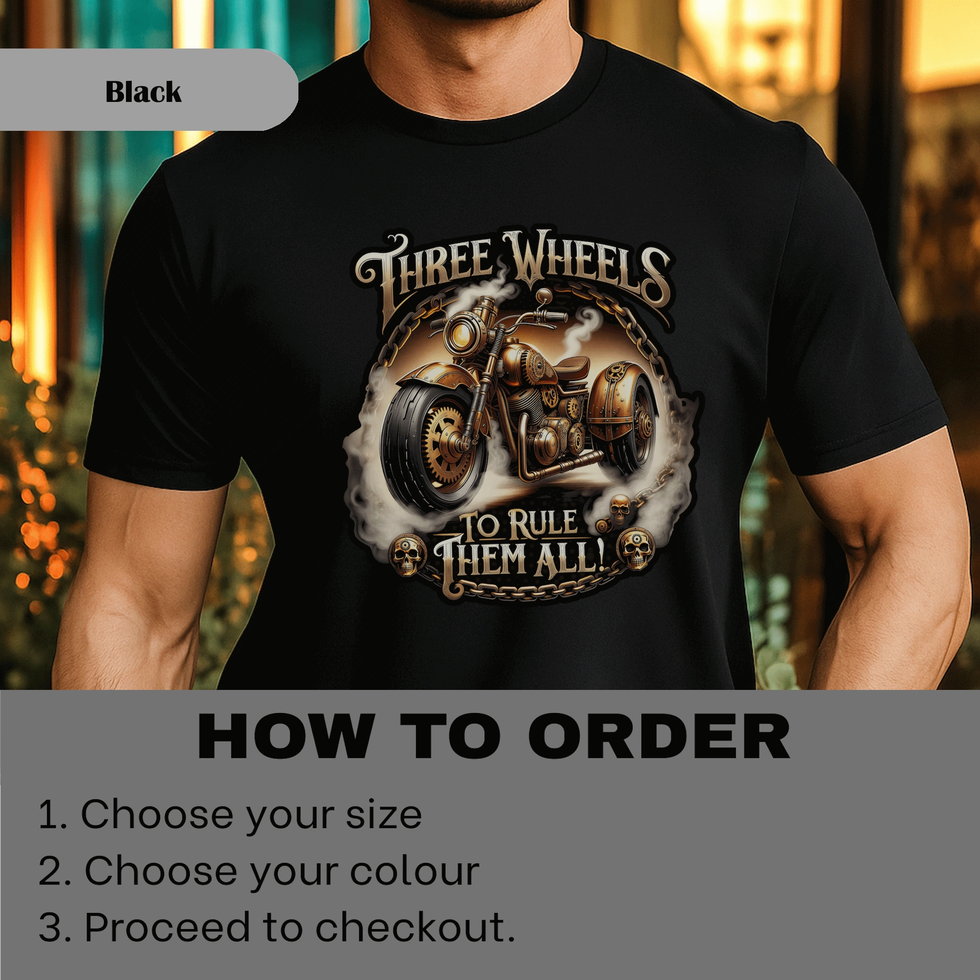 Three Wheels to Rule Them All Motorcycle T‑Shirt, Steampunk Trike Shirt for Motorcycle Enthusiasts product thumbnail image Three Wheels to Rule Them All Motorcycle T‑Shirt, Steampunk Trike Shirt for Motorcycle Enthusiasts product thumbnail image