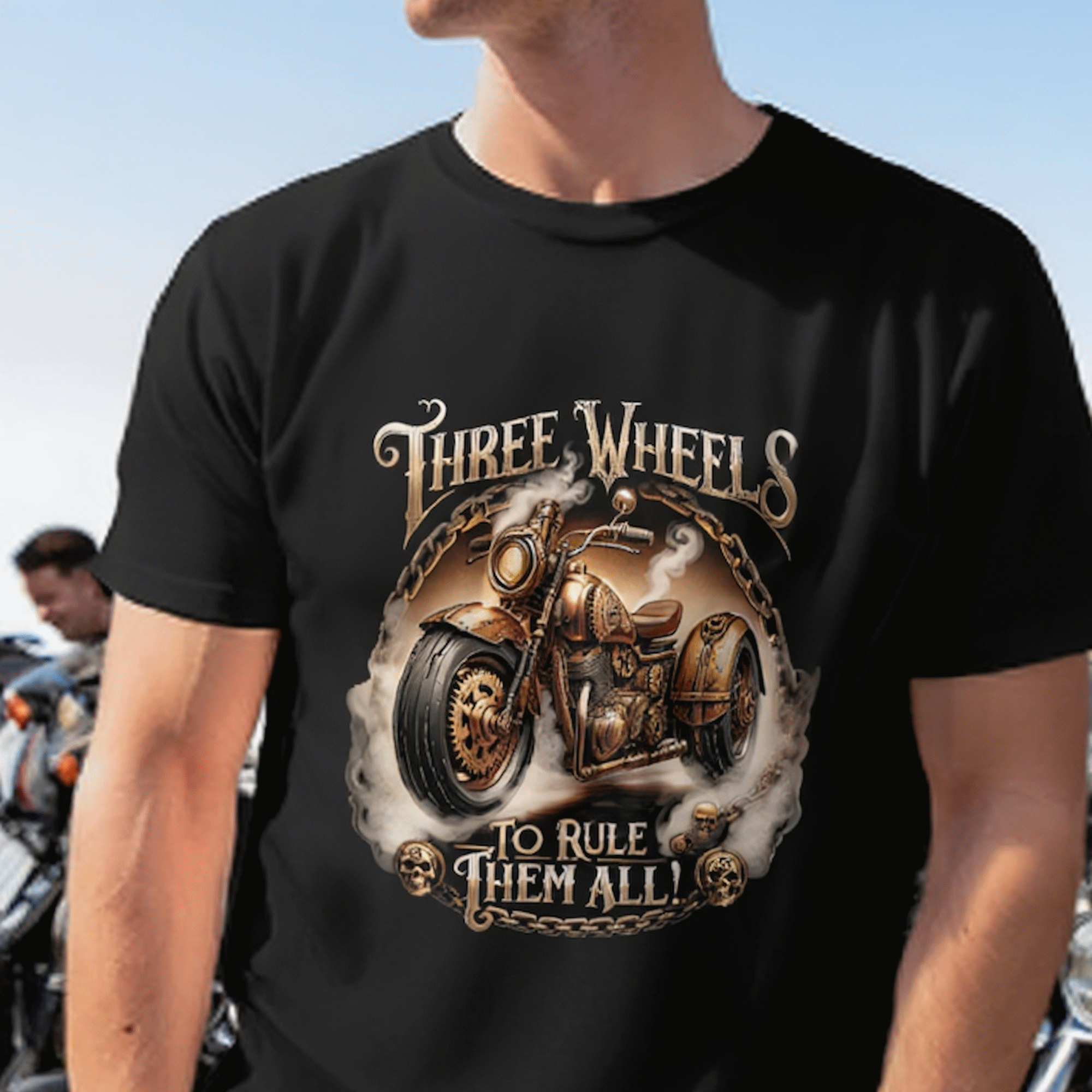 Three Wheels to Rule Them All Motorcycle T‑Shirt, Steampunk Trike Shirt for Motorcycle Enthusiasts product thumbnail image
