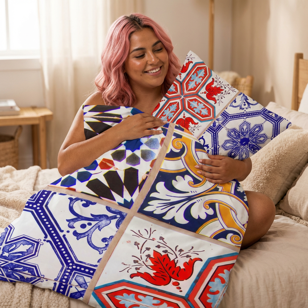 Mediterranean Tile Quilt Cover Set – 3‑Piece Patchwork Bedspread with Decorative Pillow Covers