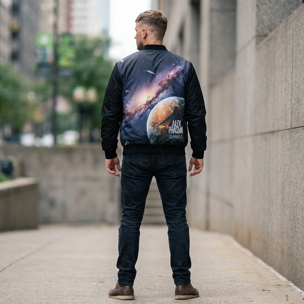 Galaxy Back Print Bomber Jacket — Alex Phasma Games Planetary Print | Black product thumbnail image Galaxy Back Print Bomber Jacket — Alex Phasma Games Planetary Print | Black product thumbnail image