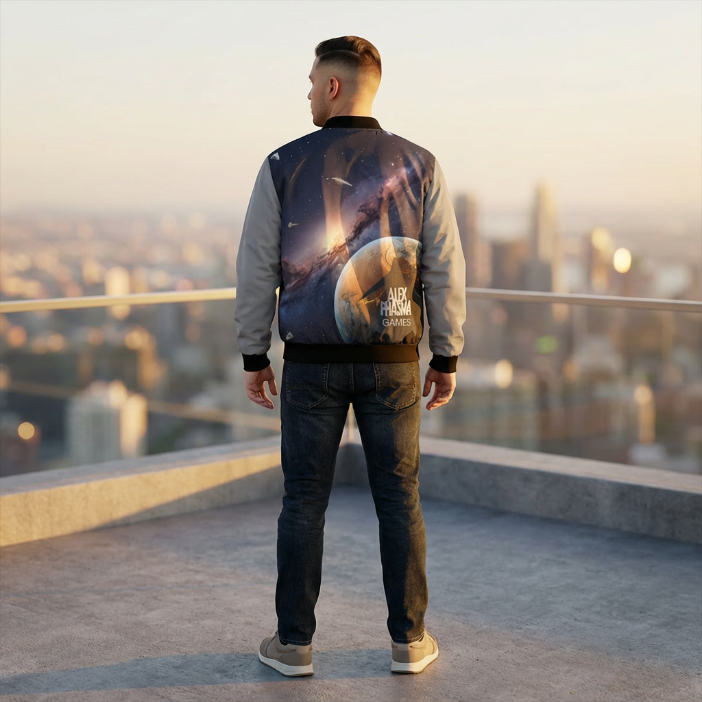 Space Galaxy Bomber Jacket — Alex Phasma Games Planet Print | Grey