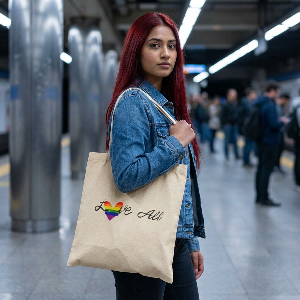 Love All Rainbow Heart Tote Bag - Pride Canvas Shopping Tote product thumbnail image Love All Rainbow Heart Tote Bag - Pride Canvas Shopping Tote product thumbnail image