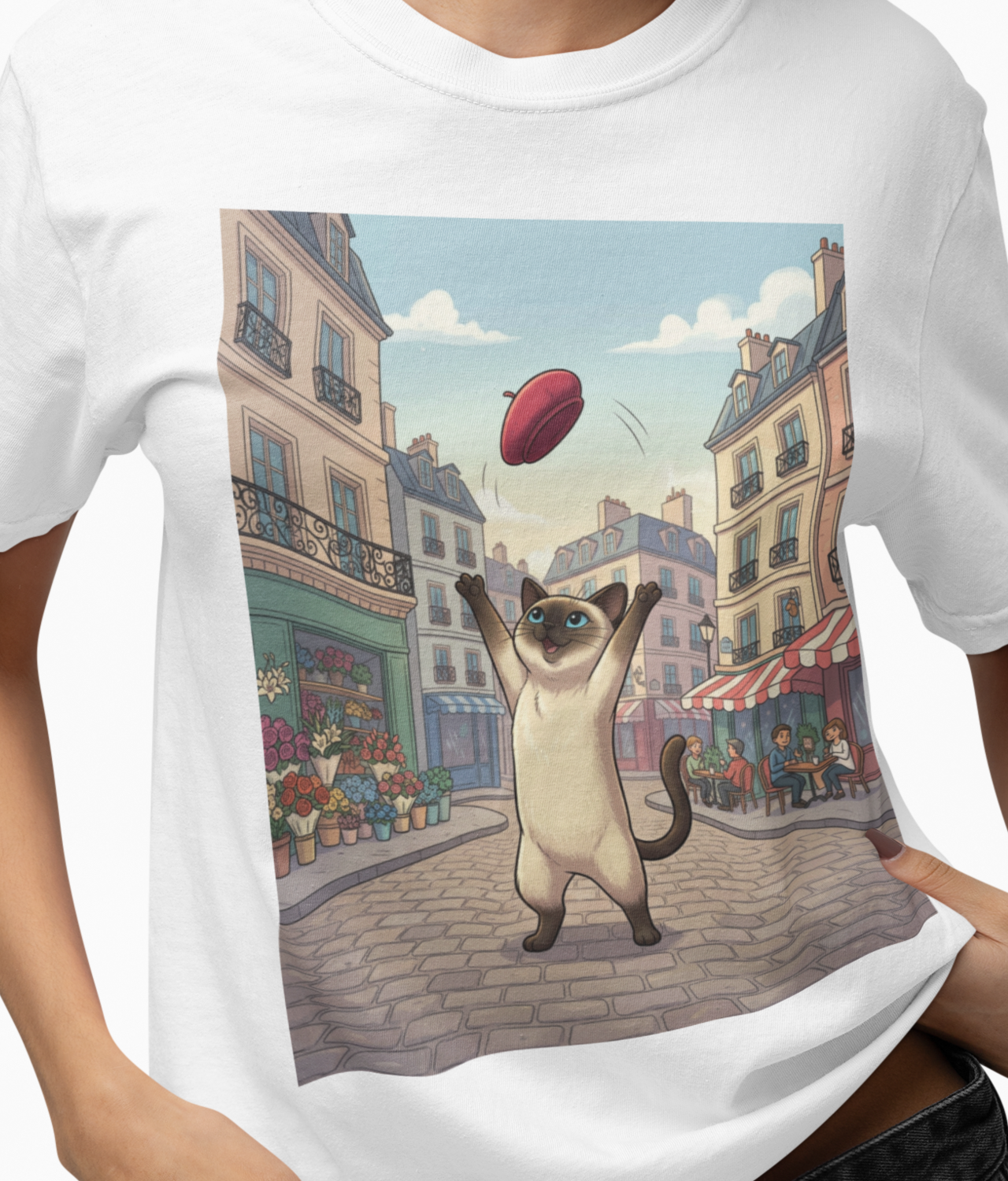 Siamese Cat in Paris | Comfort Colors Unisex T-Shirt | Cute Cat Lovers Raspberry-colored Beret Graphic Tee | Funny Kitty Gift product thumbnail image