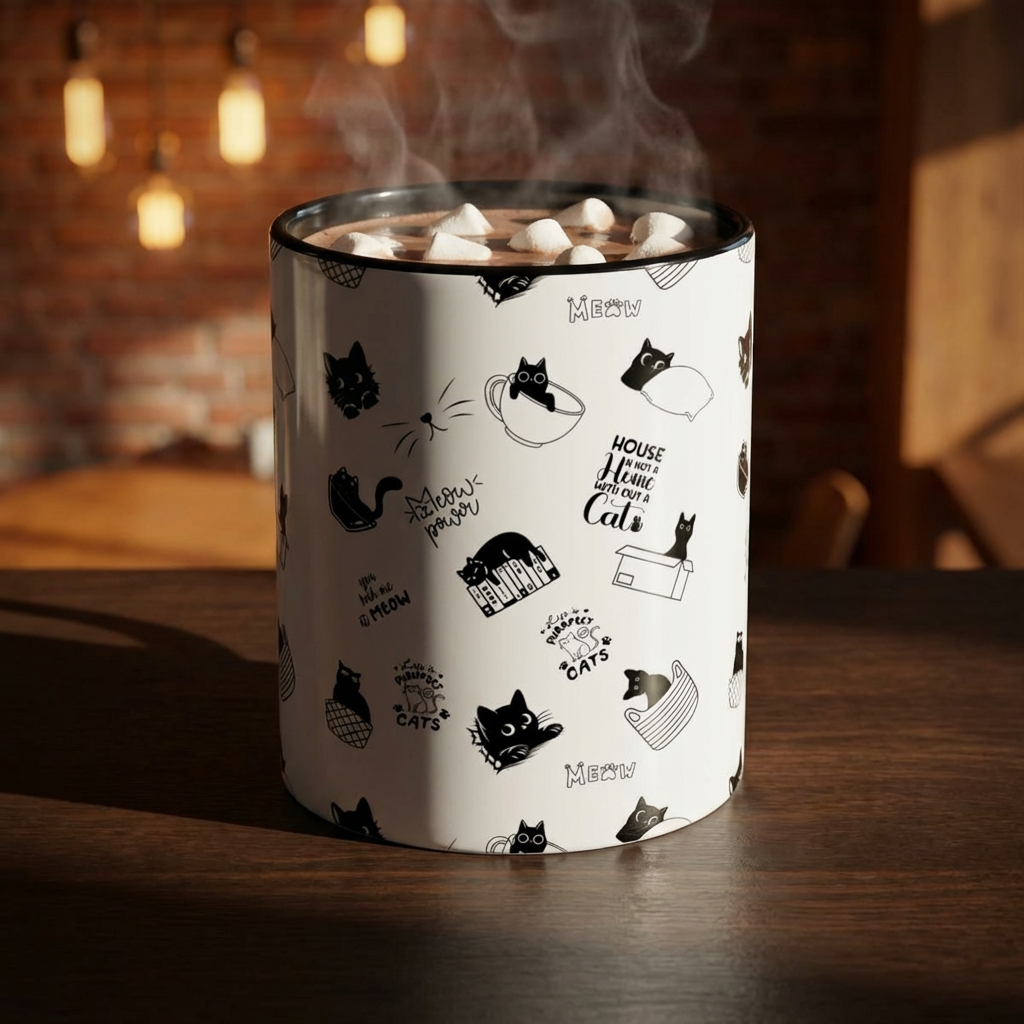 Cat Pattern Accent Coffee Mug — Black &amp; White Cute Cat Doodles, "House Is Where My Cats Are" product thumbnail image