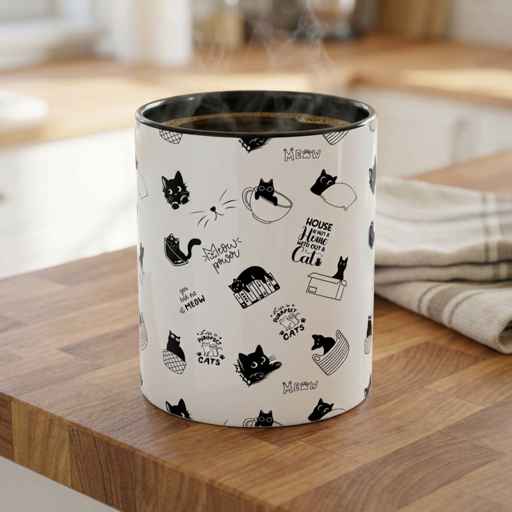 Cat Pattern Accent Coffee Mug — Black &amp; White Cute Cat Doodles, "House Is Where My Cats Are" product thumbnail image