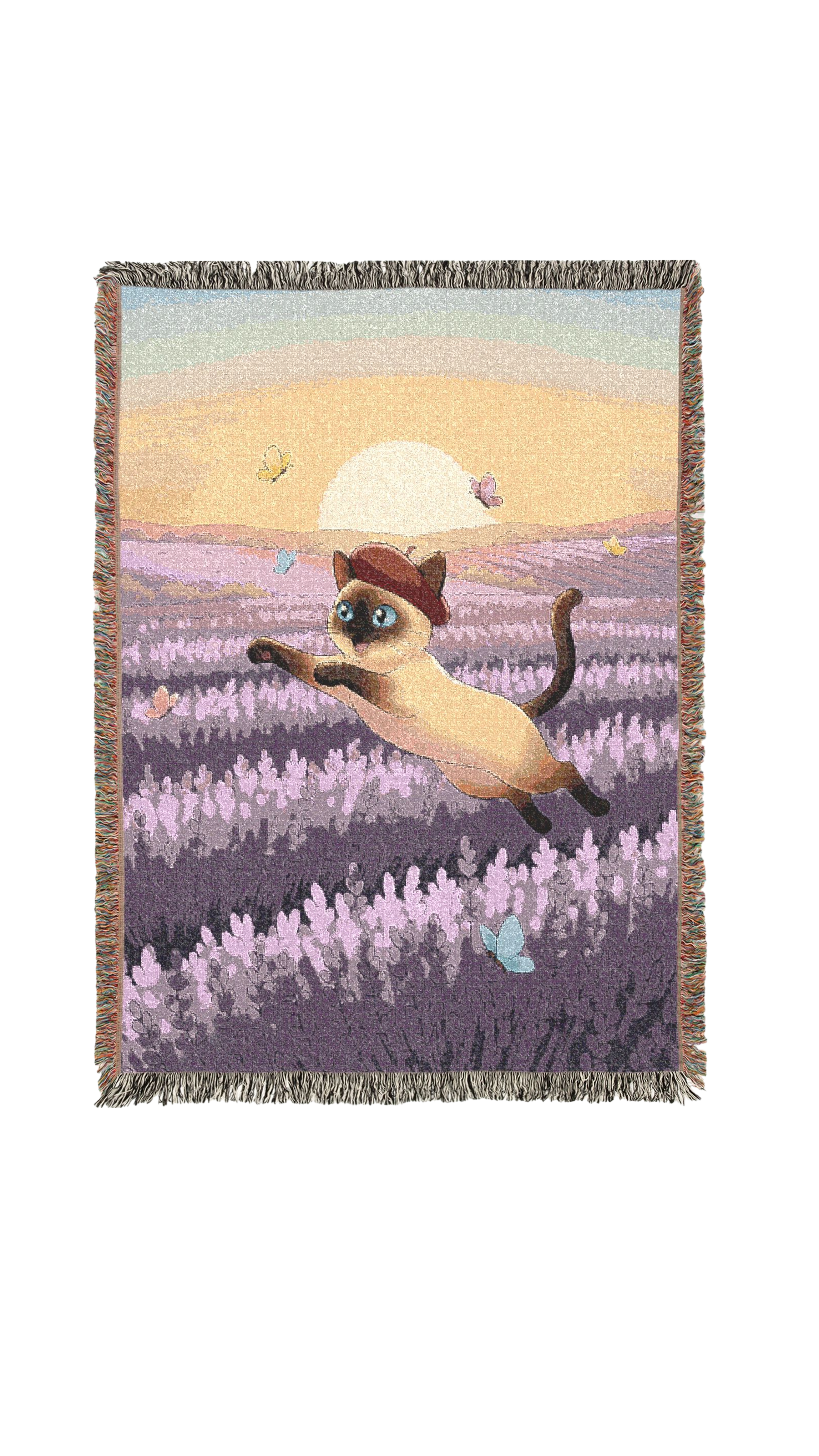 Siamese Cat in French Lavender Field Woven Blanket | Cat Chases Butterflies in Lavender Meadow | Cute Cat Lovers Graphic Throw | Funny Kitty product thumbnail image