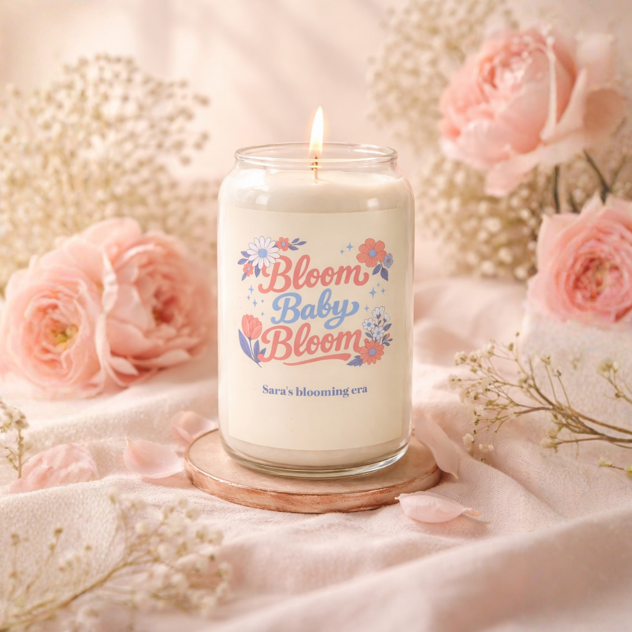 Personalized “Bloom Baby Bloom” Soy Candle – Custom Message Gift, Aesthetic Floral Candle, Self Care &amp; New Beginnings Gift (13.75oz)