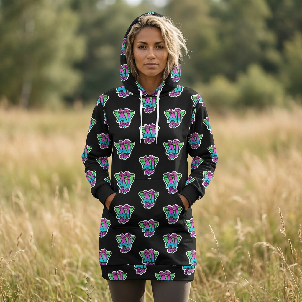AI Era Vibrant Repeating Print Hoodie Dress — Nerdy All-Over Print