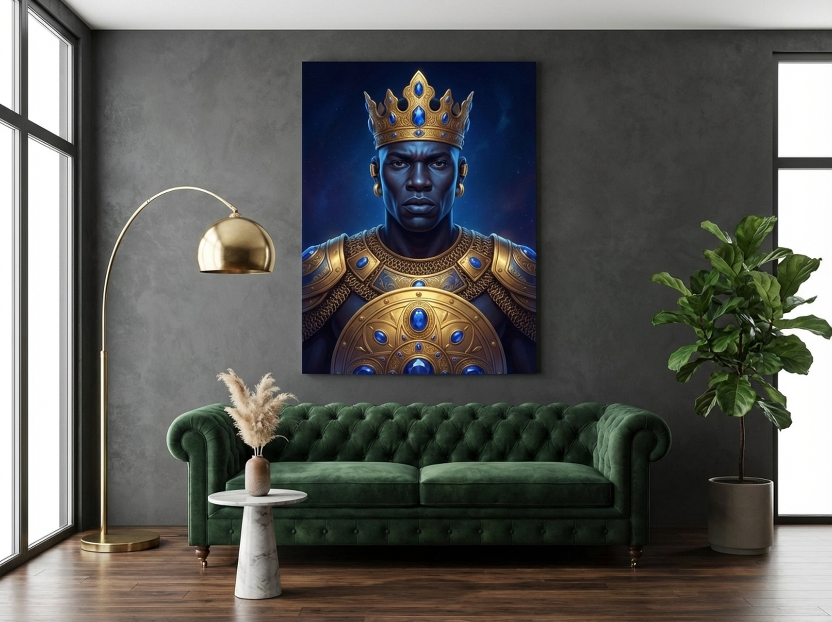 African Warrior King Canvas Wall Art | Gold Armor Portrait Print | Living Room Cultural Decor | Afrohemian Statement Art