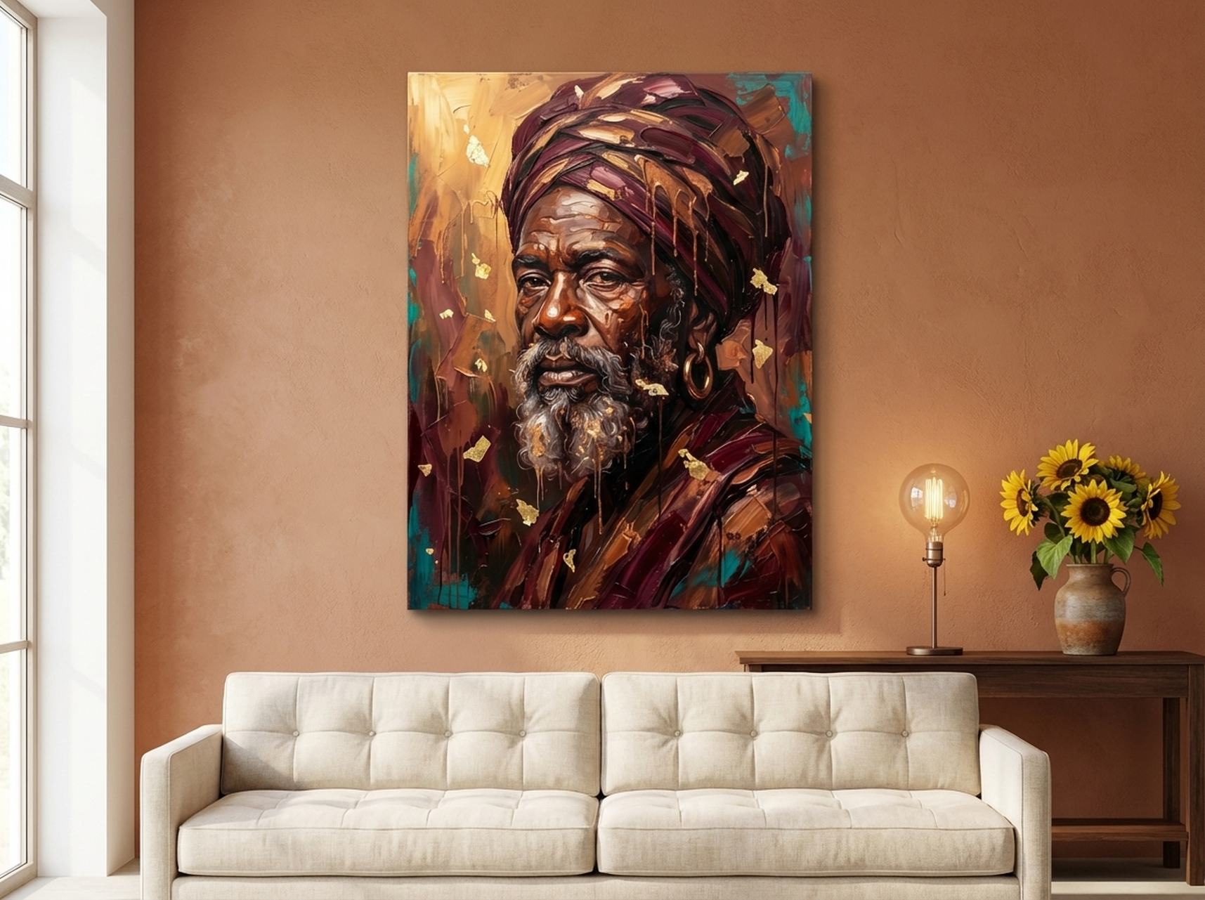 African Elder Portrait Canvas Wall Art | Expressionist Oil Painting Print | Cultural Heritage Decor | Burgundy Gold Art