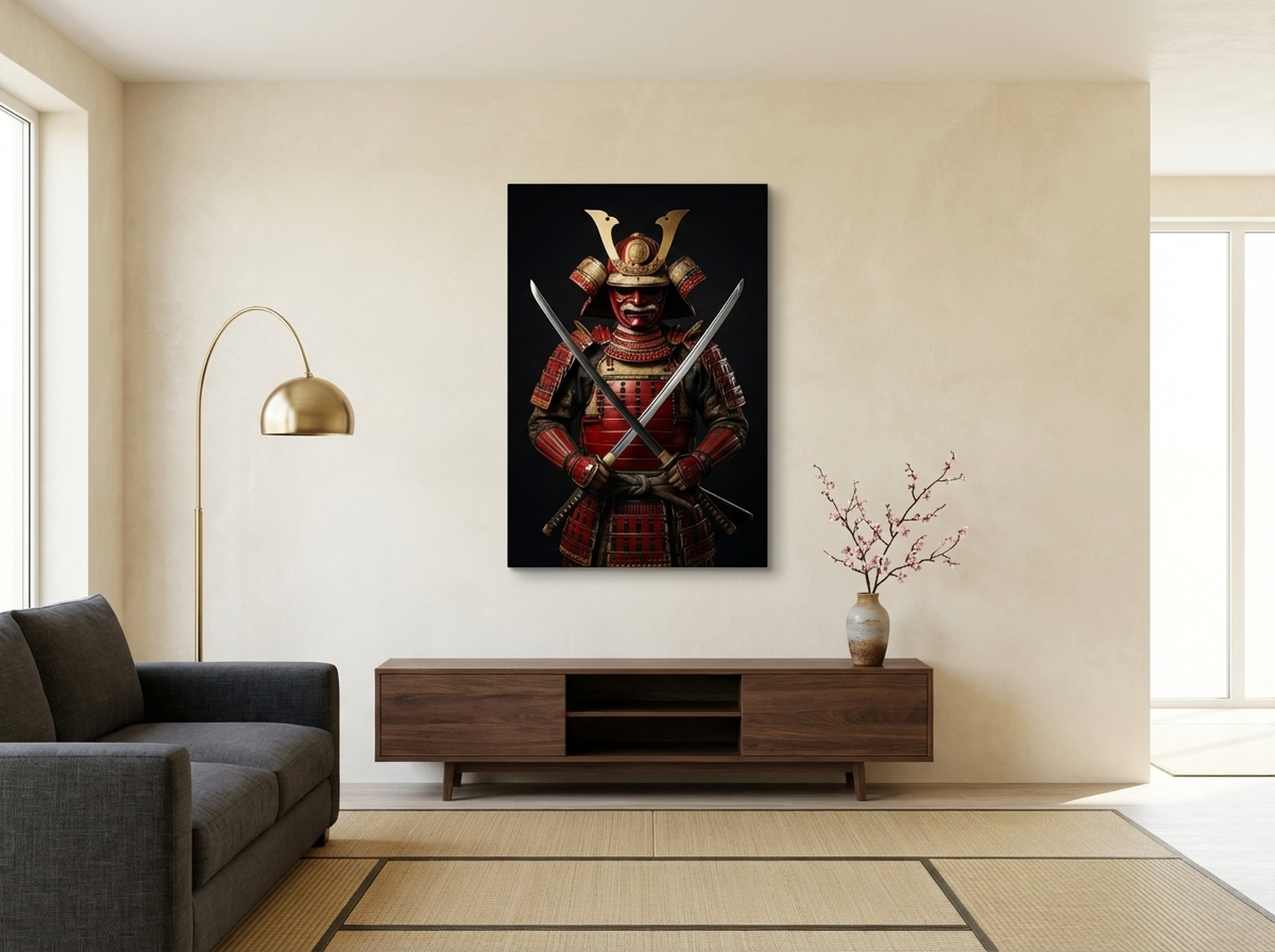 Samurai Armor Canvas Wall Art | Japanese Warrior Print | Shogun Helmet Katana Decor | Dark Dramatic Wall Art