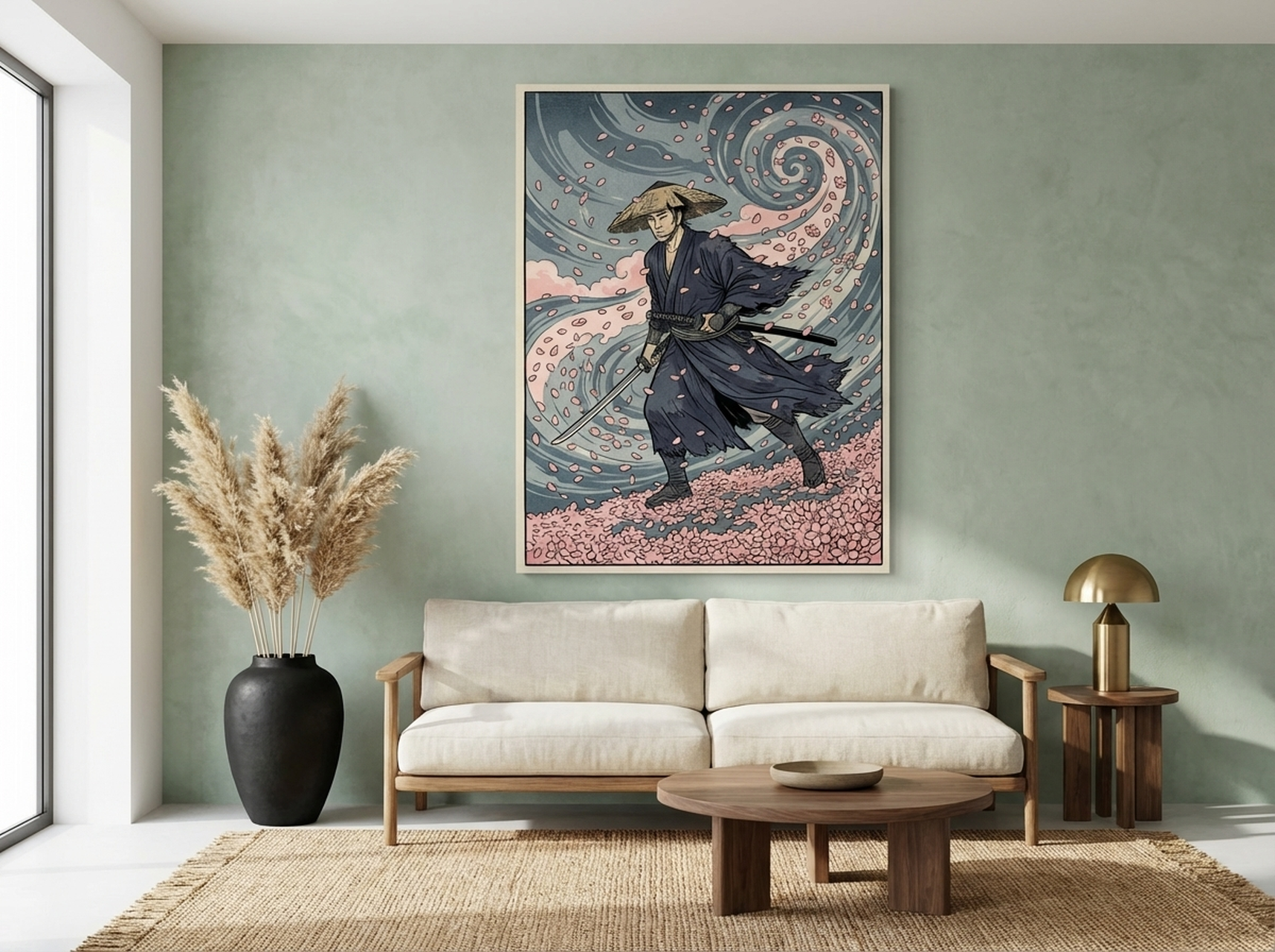 Ronin Samurai Cherry Blossom Canvas Wall Art | Ukiyo-e Japanese Print | Woodblock Style Decor | Grey Pink Art