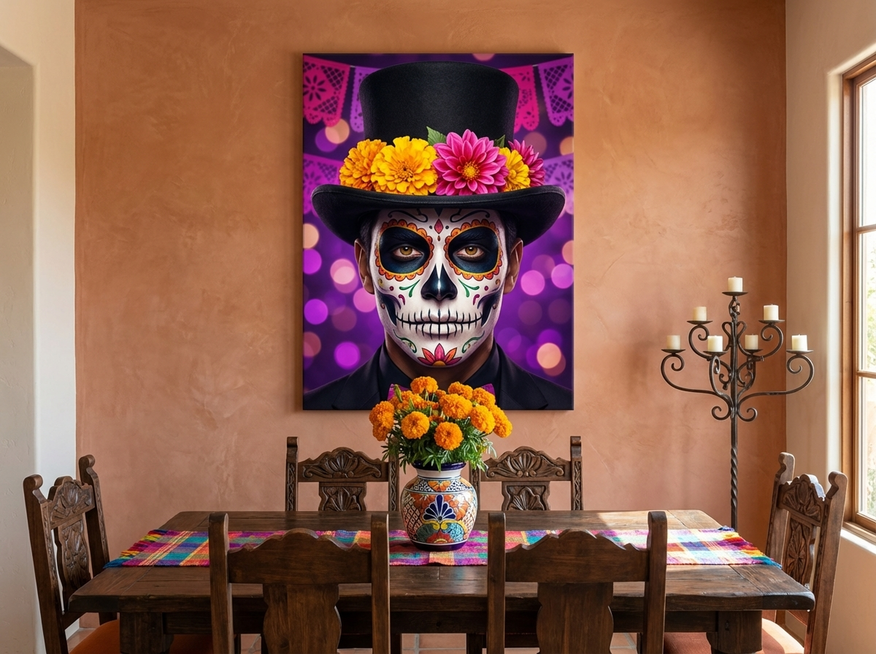 Dia de los Muertos Canvas Wall Art | Sugar Skull Catrin Portrait Print | Mexican Cultural Decor | Vibrant Festival Art