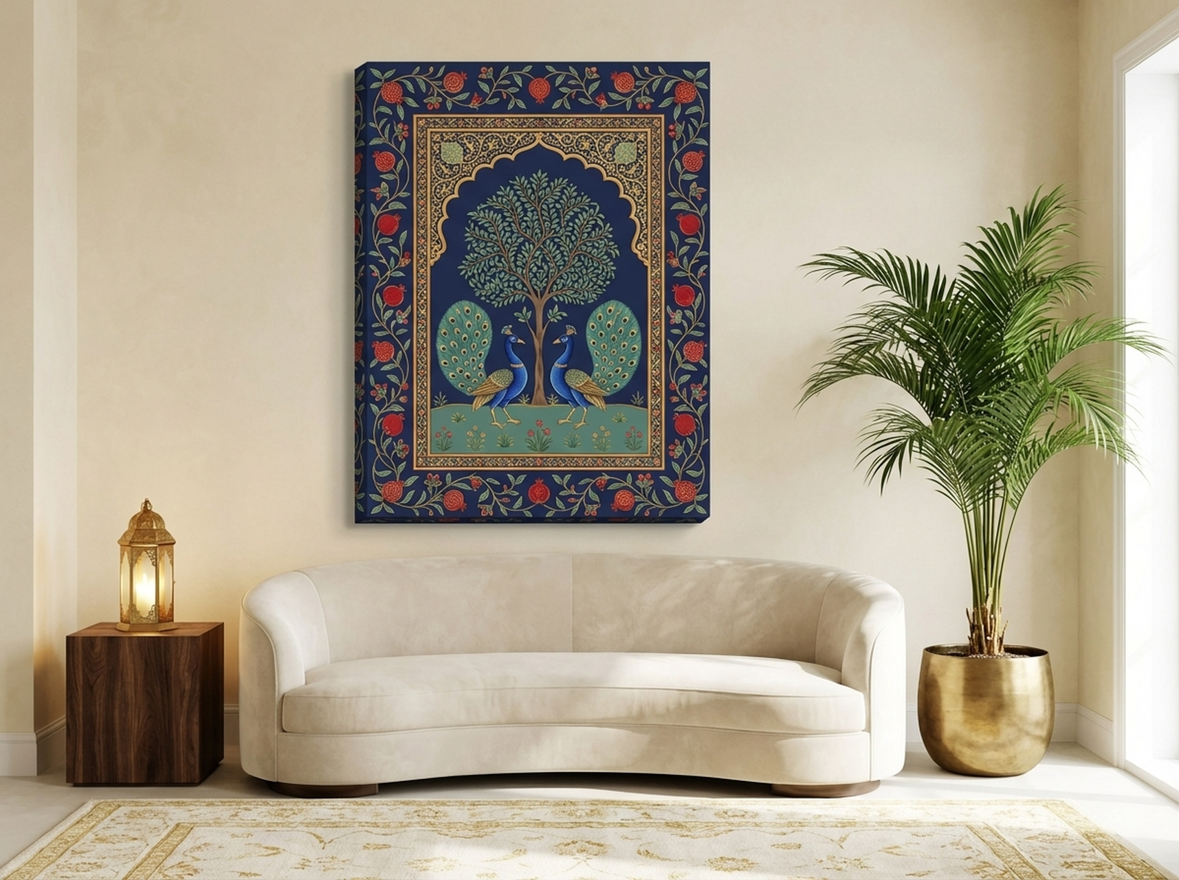 Mughal Peacock Canvas Wall Art | Pichwai Indian Art Print | Tree of Life Royal Blue Gold Decor | Cultural Heritage Art — Image 1