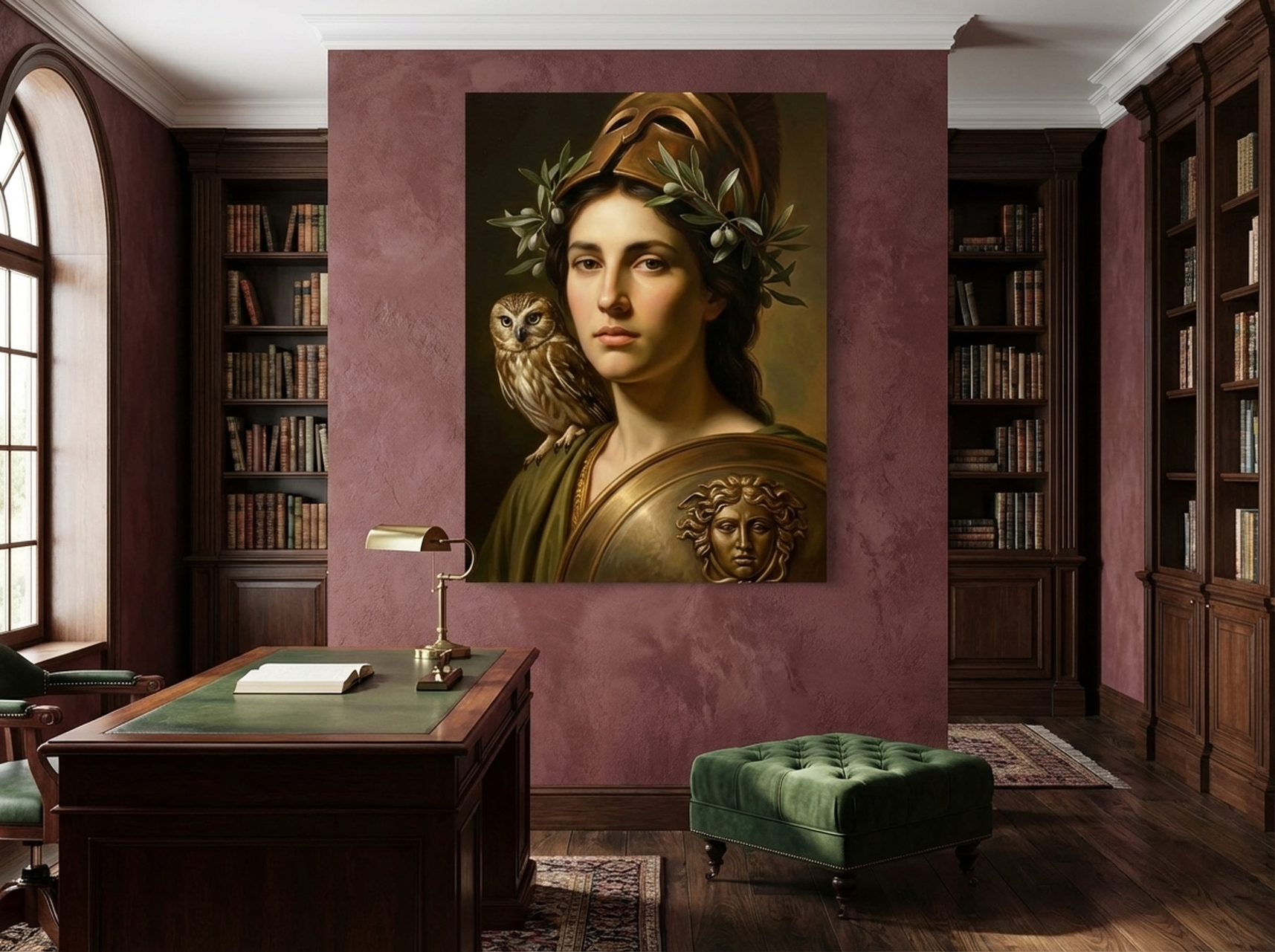 Athena Greek Goddess Canvas Wall Art | Renaissance Oil Painting Print | Owl Medusa Shield Decor | Classical Art — Image 1