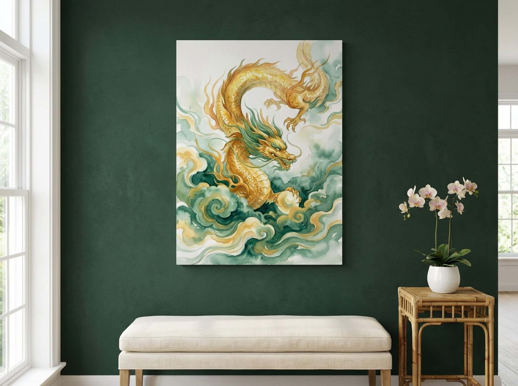 Golden Dragon Canvas Wall Art | Chinese Watercolor Painting Print | Jade Gold Feng Shui Decor | Asian Heritage Art — Image 1