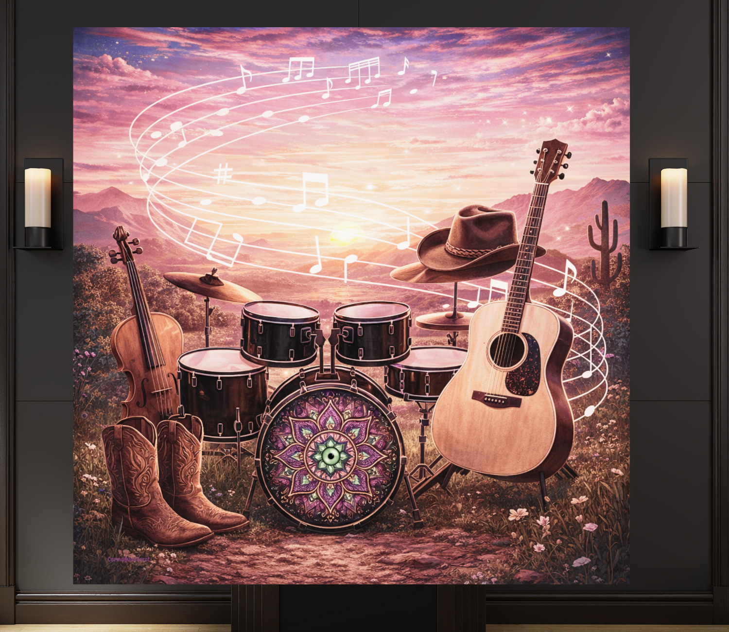 Hidden Evil Eye Country Music Poster by CarmaQuanTarot — Acoustic Guitar, Violin, Drums &amp; Cowboy Boots Western Wall Art