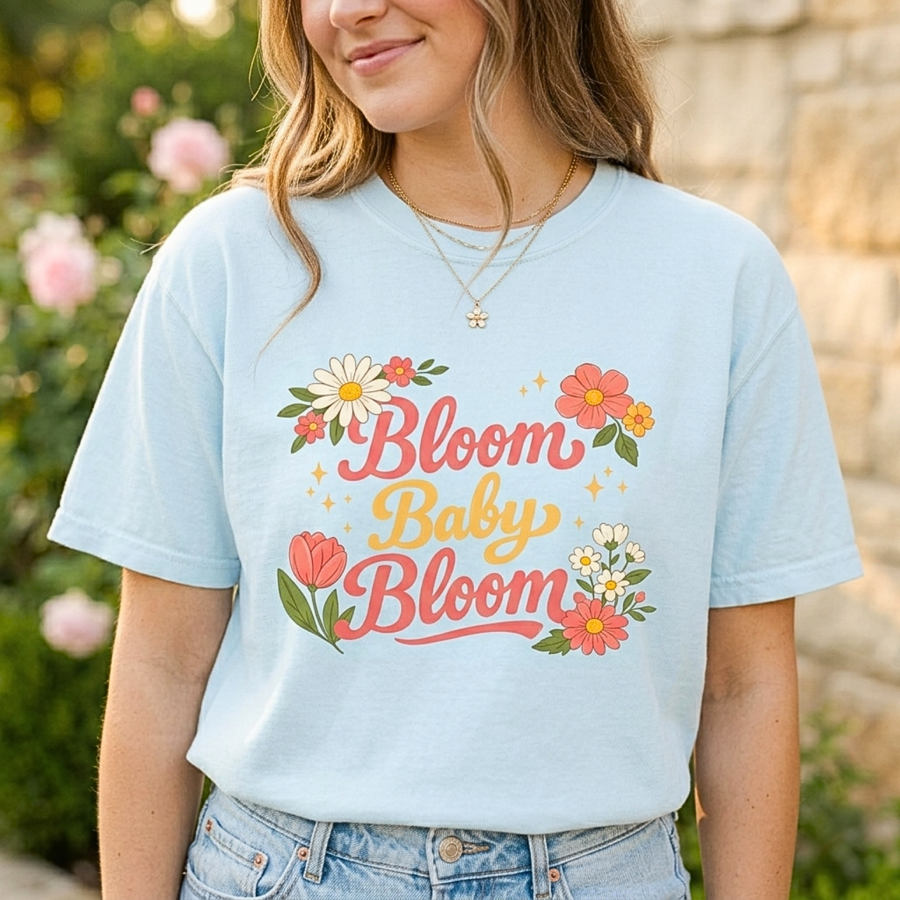Bloom Baby Bloom Floral T-Shirt for Women | Spring Outfit Graphic Tee | Cute Flower Shirt | Gift for Her | Soft Garment Dyed Tee product thumbnail image