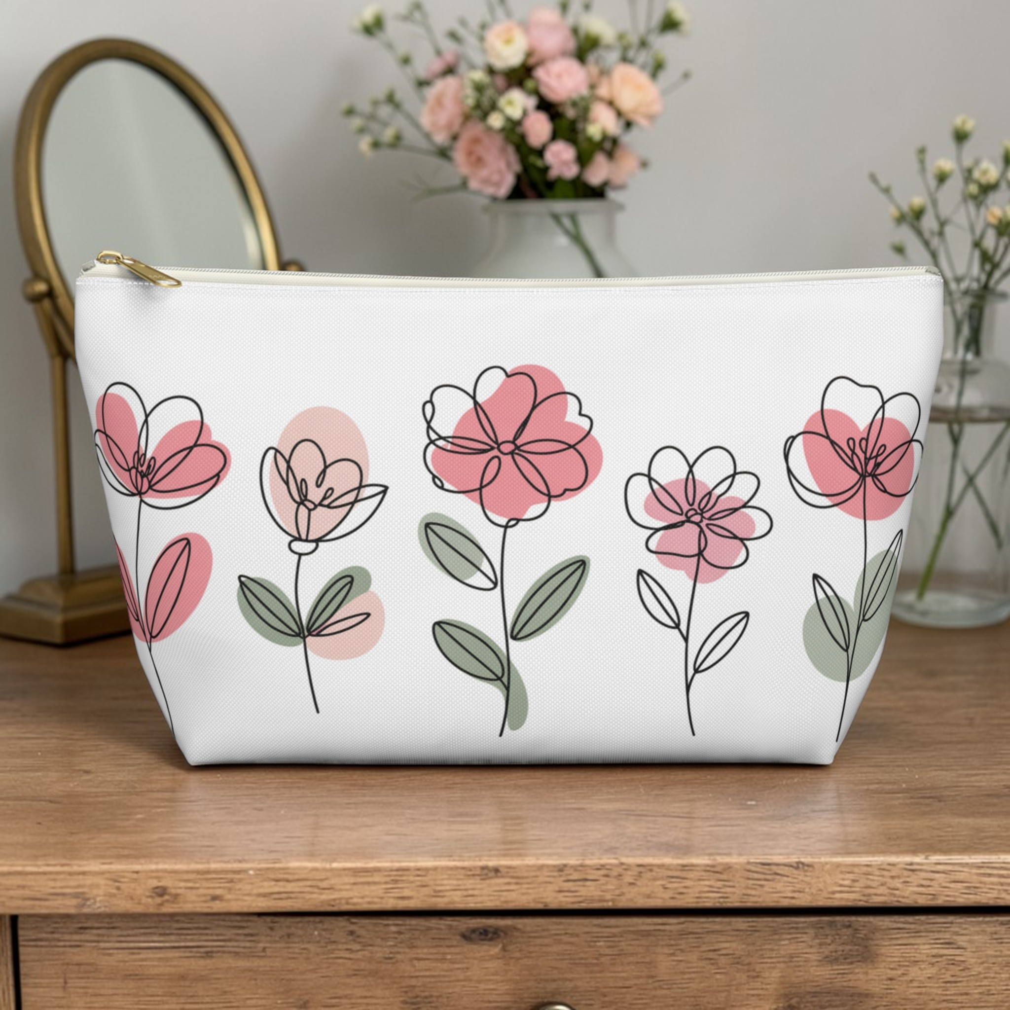 Floral Sketch Accessory Pouch — Pink Line-Drawing Flowers Cosmetic Bag product thumbnail image Floral Sketch Accessory Pouch — Pink Line-Drawing Flowers Cosmetic Bag product thumbnail image