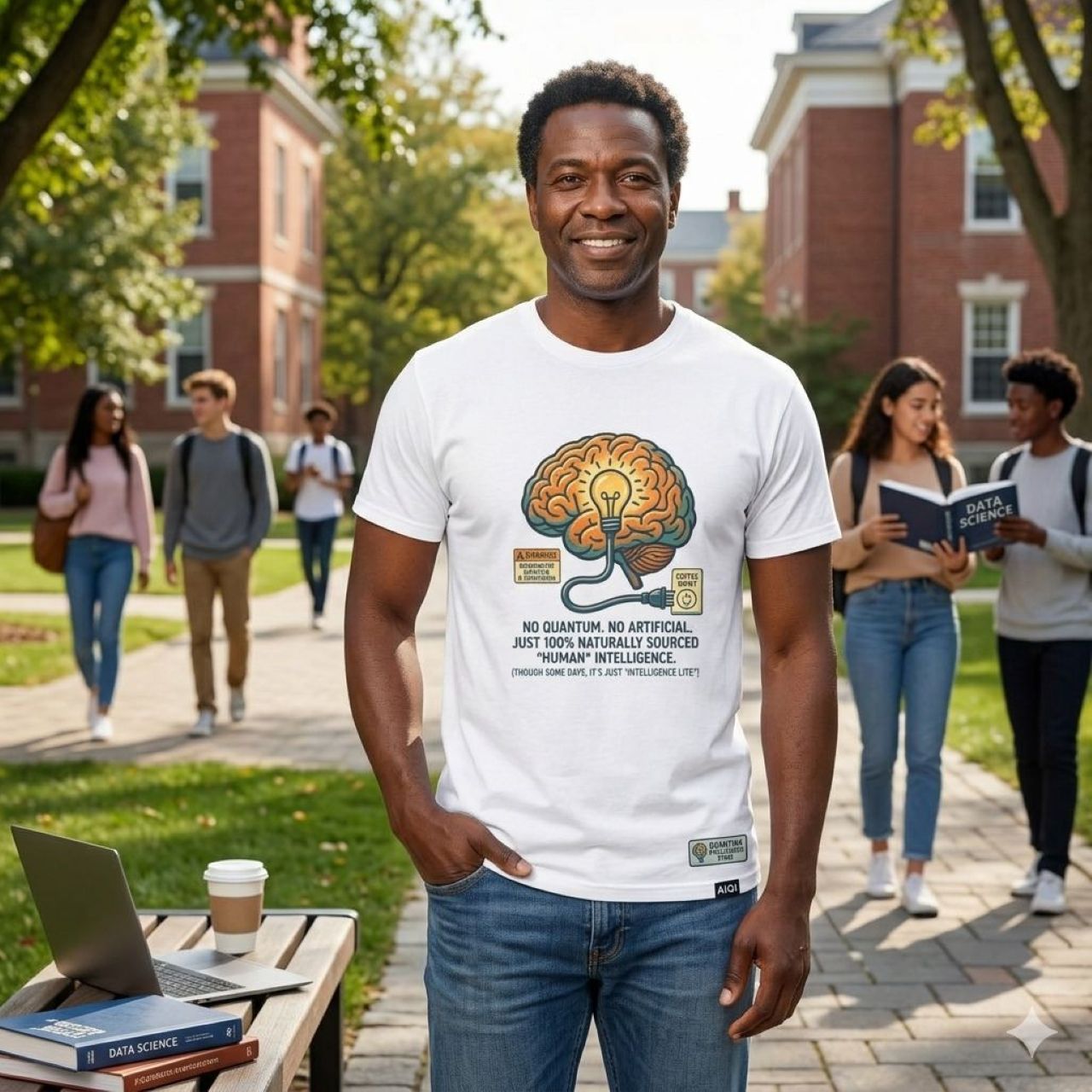 Naturally Sourced Human Intelligence T-Shirt — "Running on Caffeine &amp; Confusion"