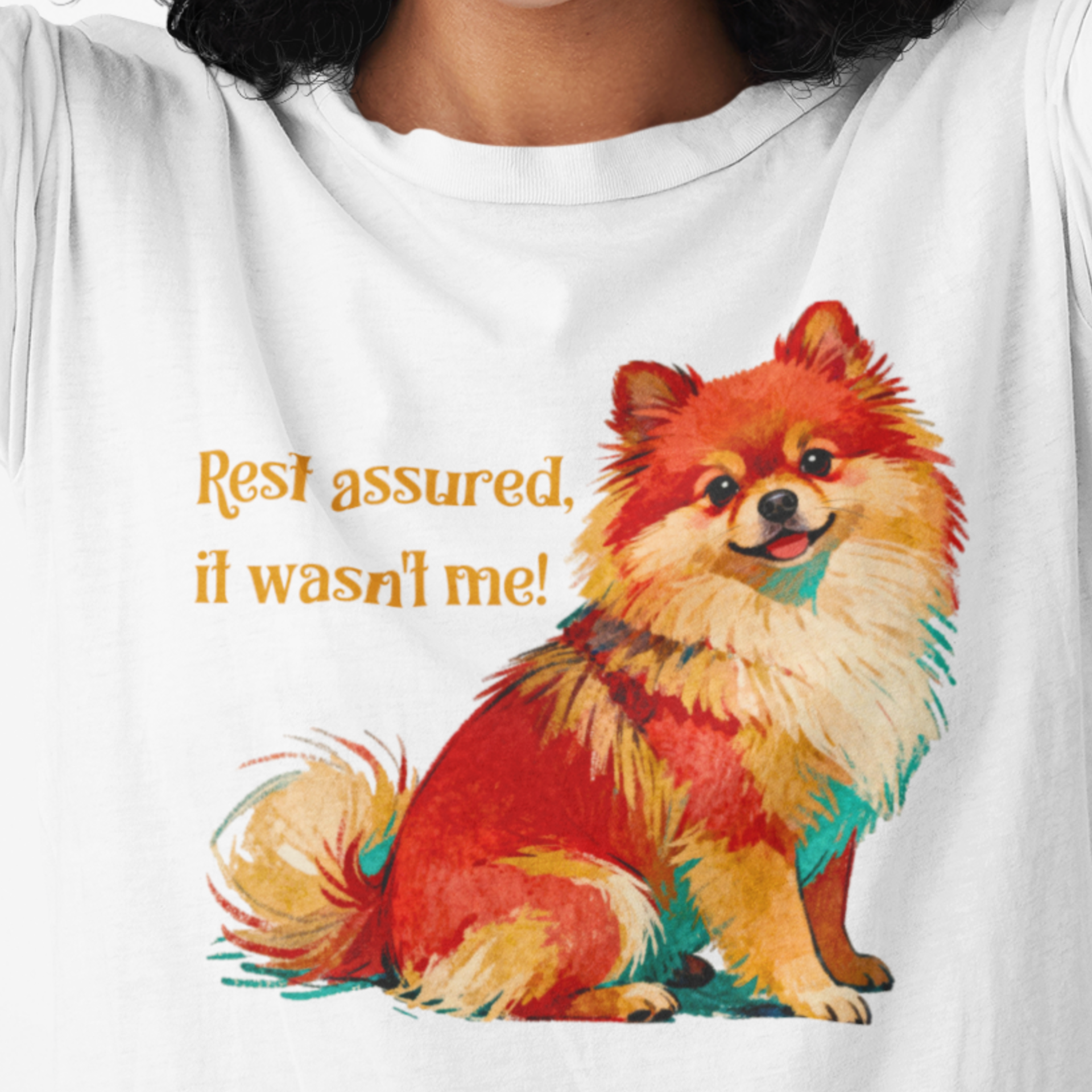Precocious Pampered Pomeranian Graphic Comfort Colors Unisex T-Shirt |"Rest assured, it wasn't me!" Playful Cute Pup Tee | Dog Lovers  product thumbnail image