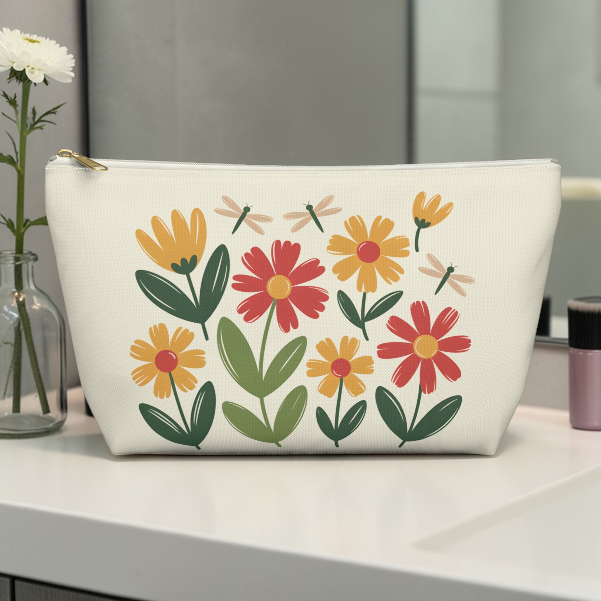 Floral Hearts Accessory Pouch — Pastel Wildflower Makeup Bag