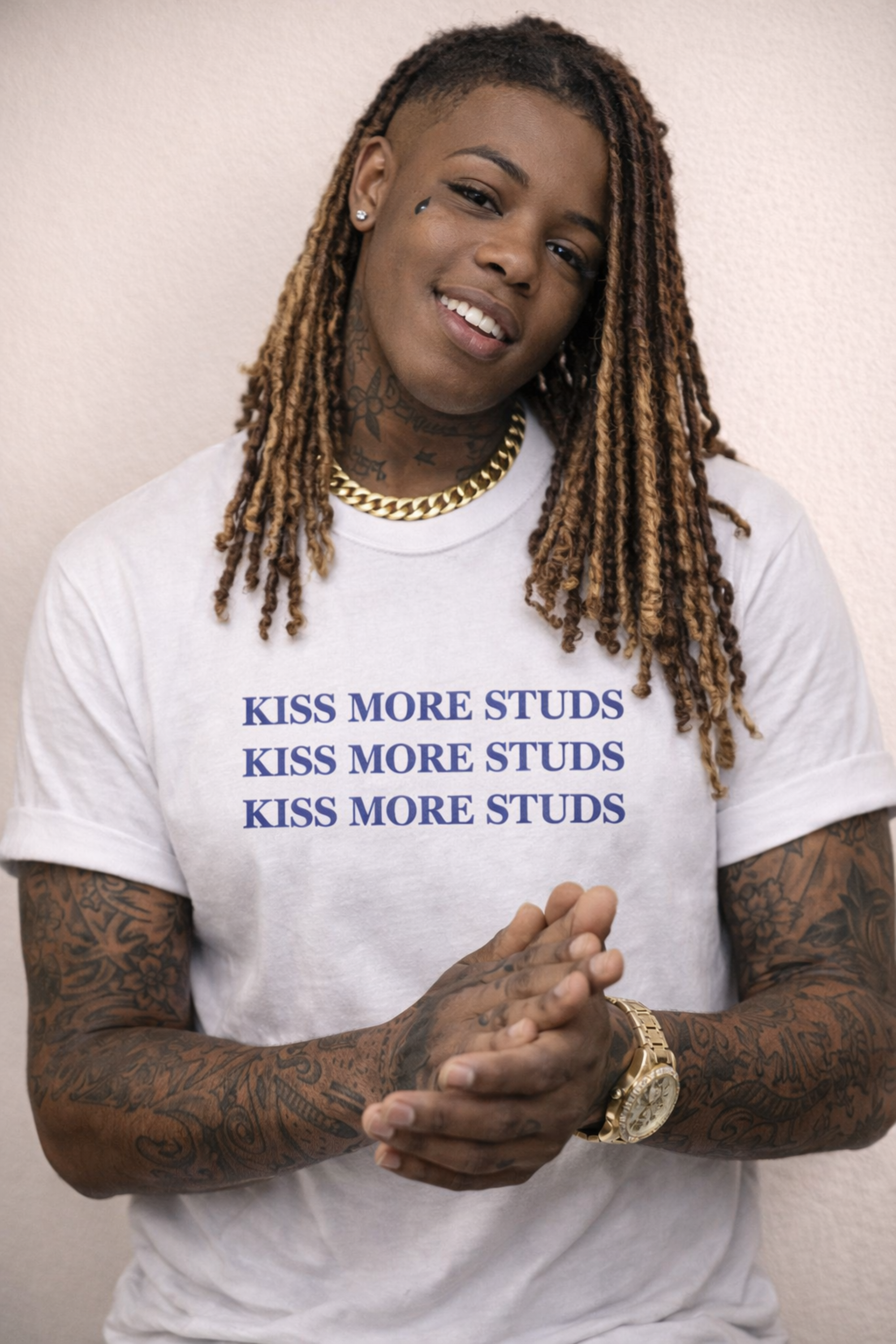 Kiss More Studs T-Shirt — Retro Repeated Text Tee product thumbnail image Kiss More Studs T-Shirt — Retro Repeated Text Tee product thumbnail image