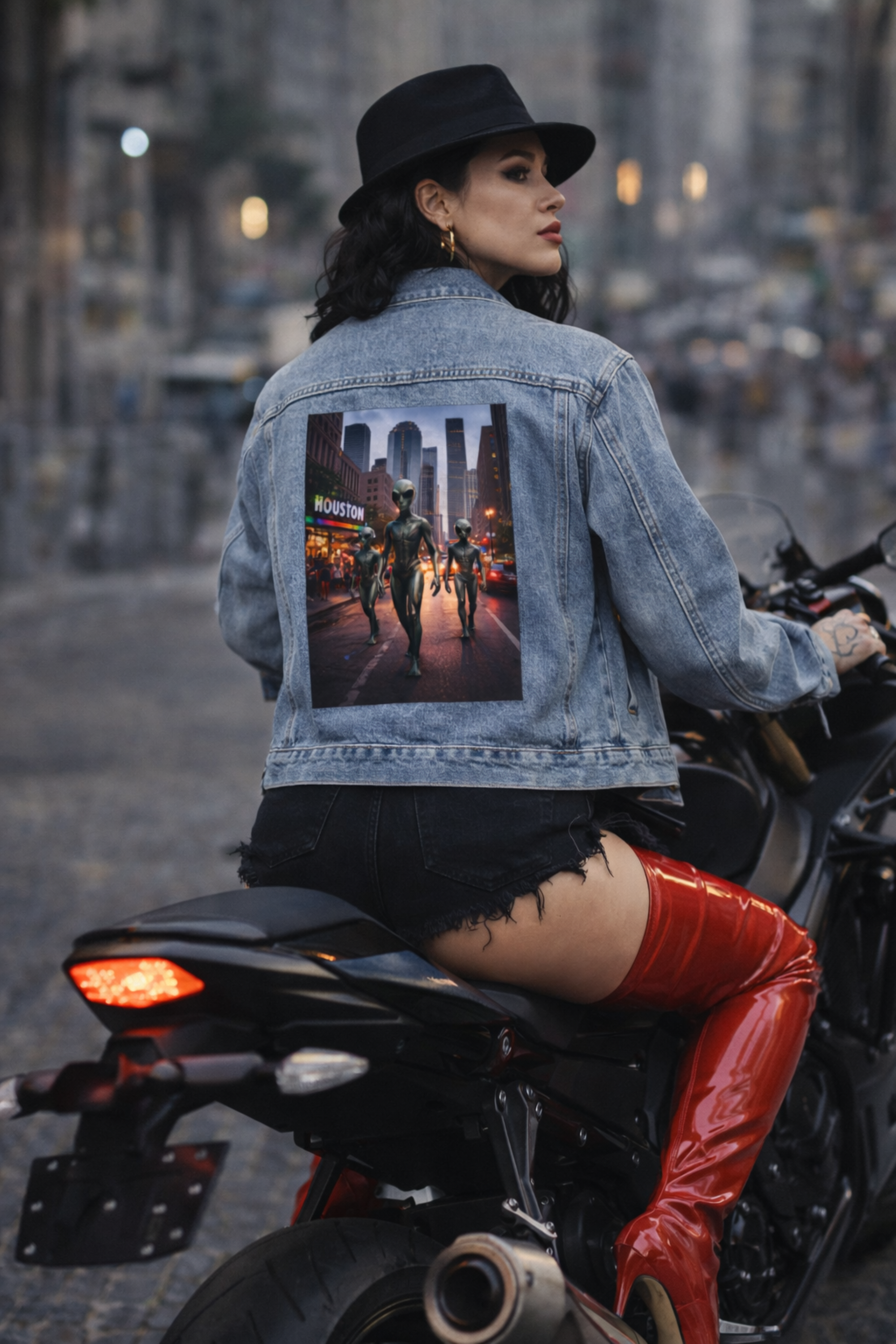 Denim Jacket — Neon City Night Photo Print Back Panel product thumbnail image Denim Jacket — Neon City Night Photo Print Back Panel product thumbnail image