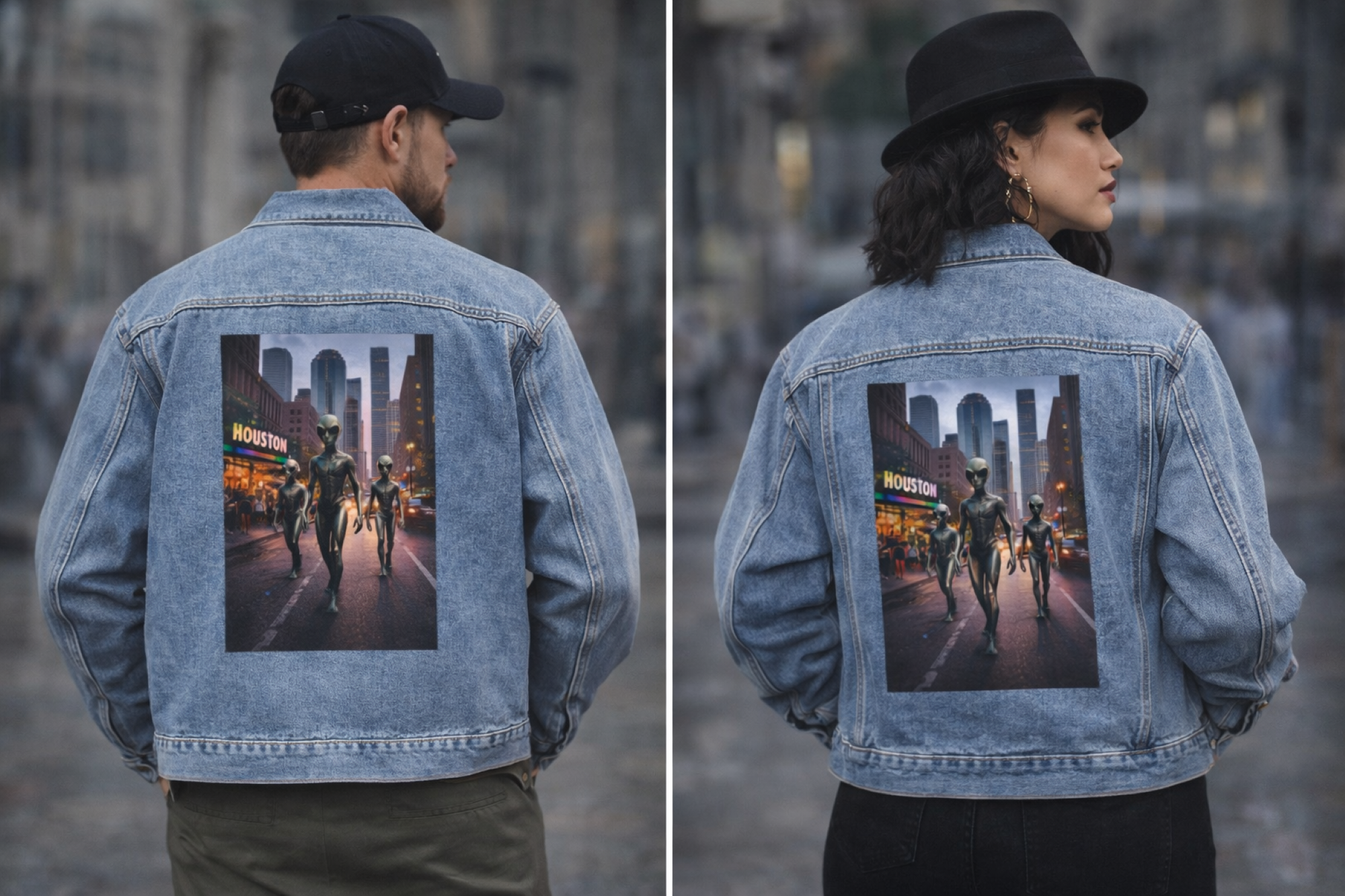 Denim Jacket — Neon City Night Photo Print Back Panel product thumbnail image