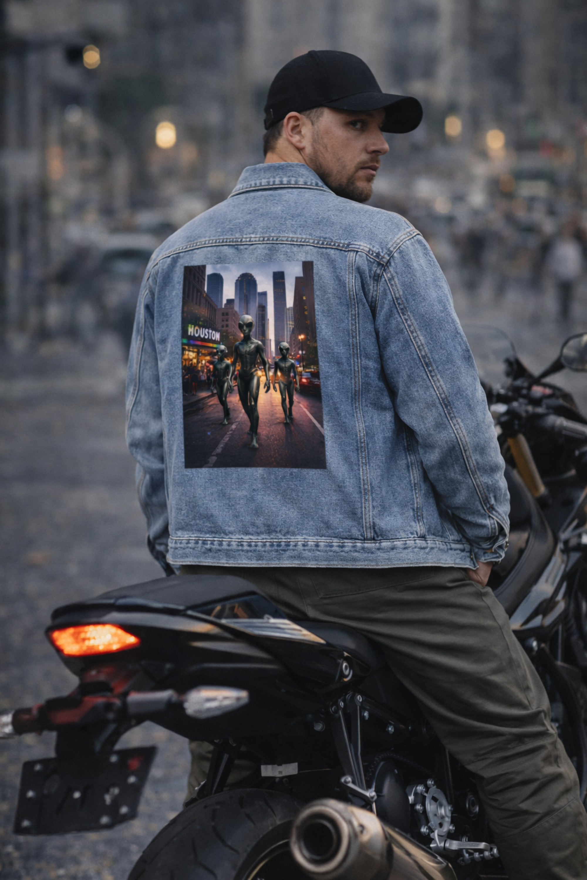 Denim Jacket — Neon City Night Photo Print Back Panel product thumbnail image Denim Jacket — Neon City Night Photo Print Back Panel product thumbnail image