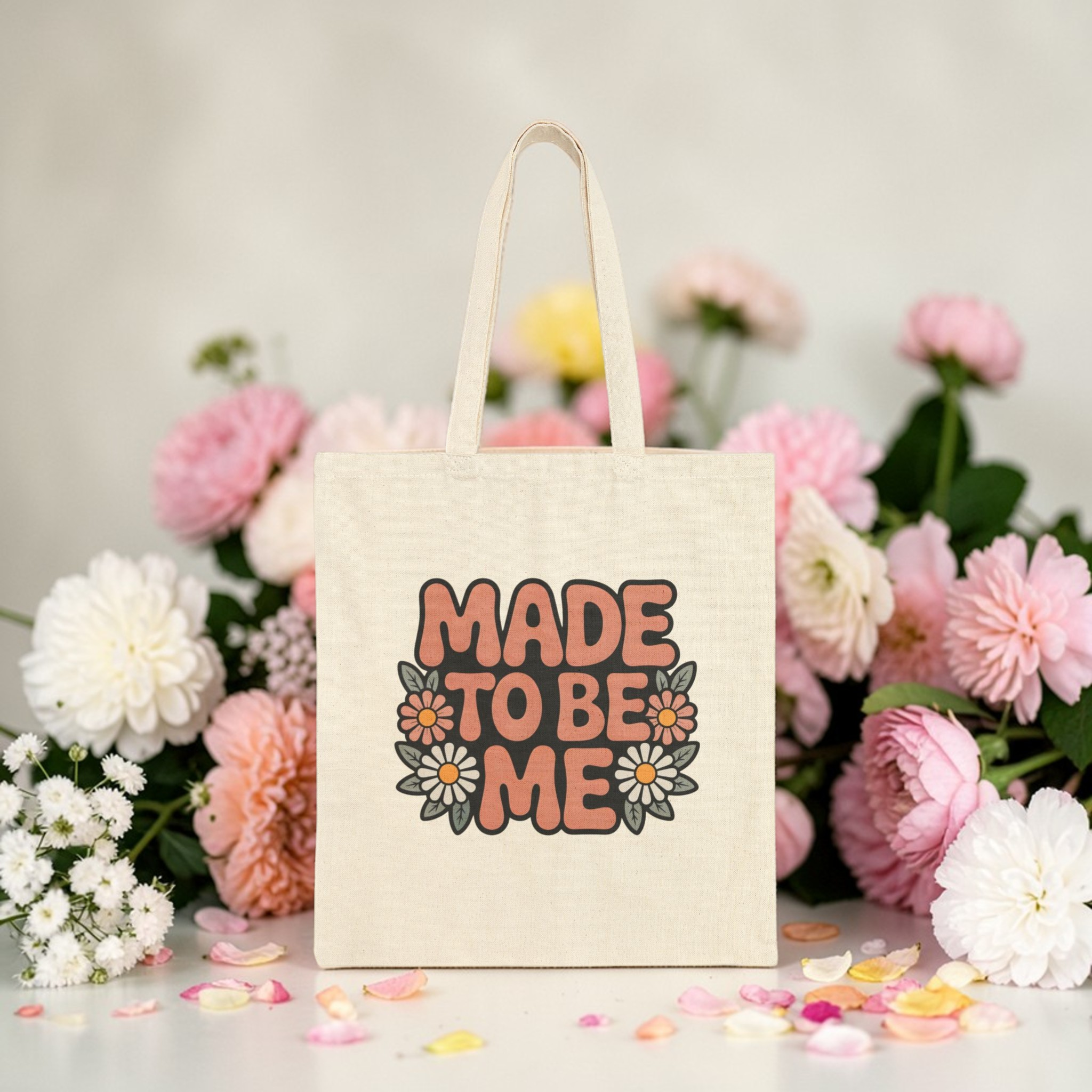 Made To Be Me Cotton Tote — Retro Floral Self-Love Canvas Bag product thumbnail image Made To Be Me Cotton Tote — Retro Floral Self-Love Canvas Bag product thumbnail image