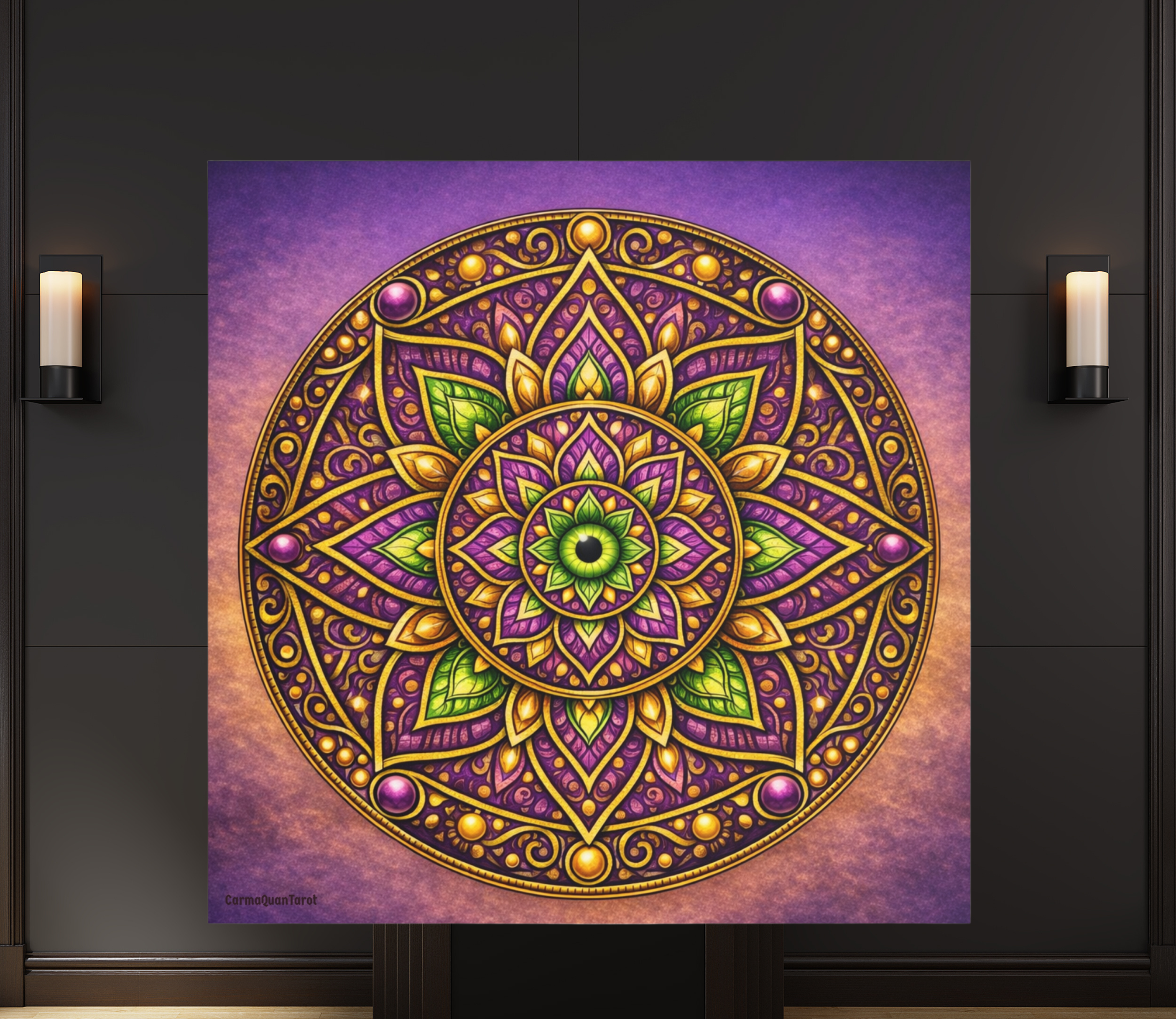 Mandala Silk Poster with Hidden Evil Eye  — Vibrant Purple &amp; Gold Meditation Wall Art (Indoor/Outdoor)