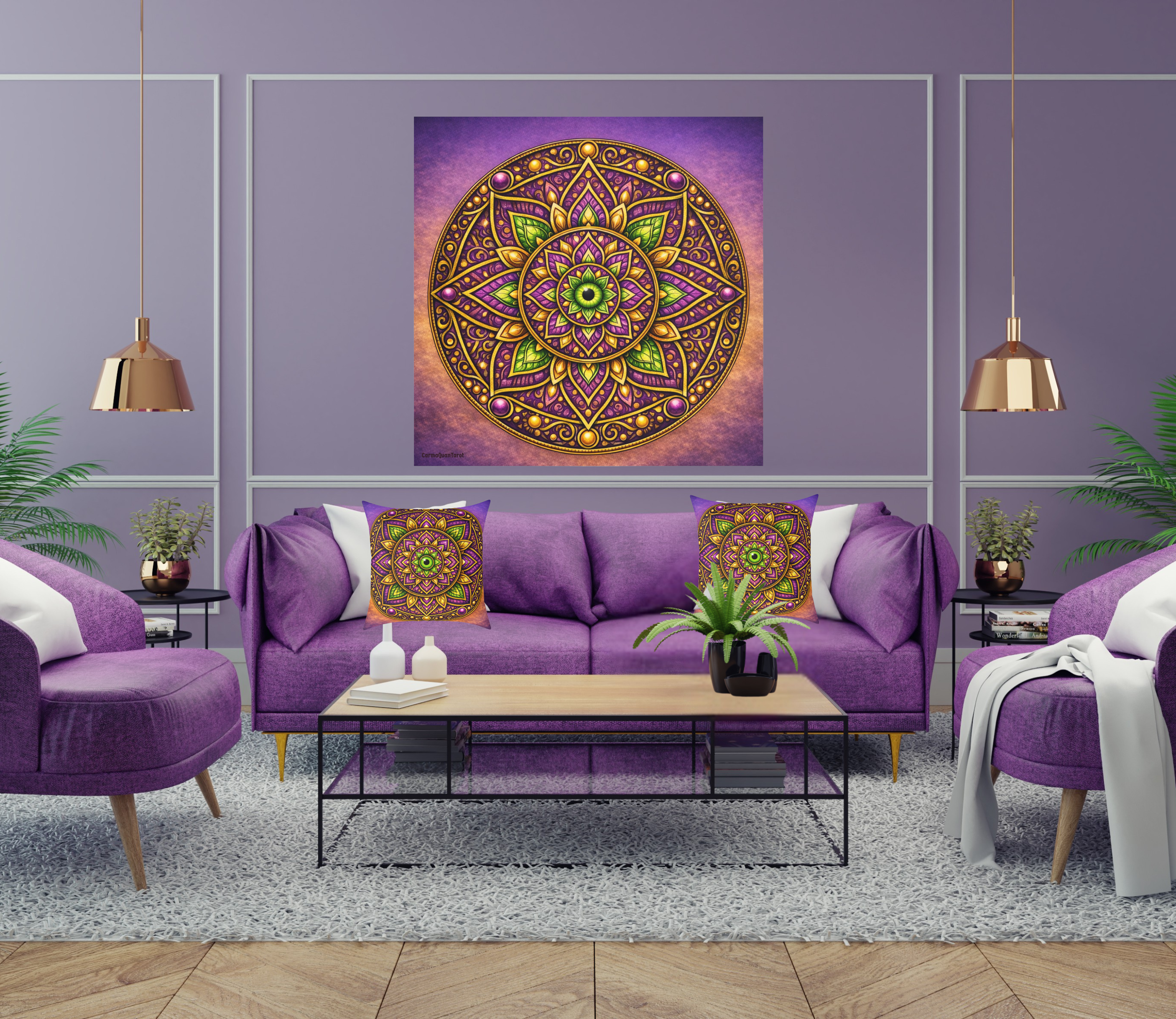 Mandala Silk Poster with Hidden Evil Eye  — Vibrant Purple &amp; Gold Meditation Wall Art (Indoor/Outdoor) product thumbnail image
