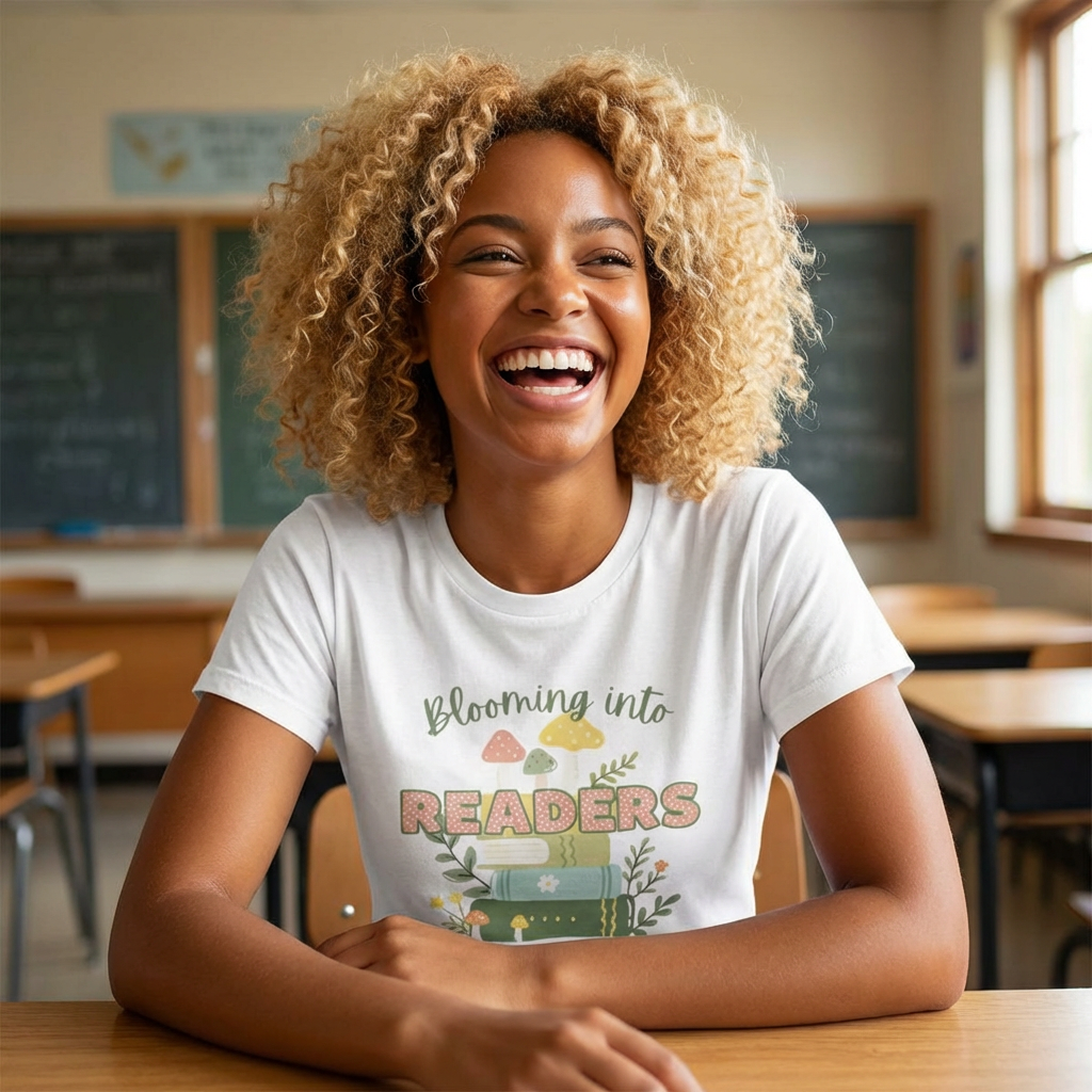 Blooming Into Readers Graphic Tee – "Blooming Into Readers" Book Lover Shirt - Reading Teacher Tee product thumbnail image