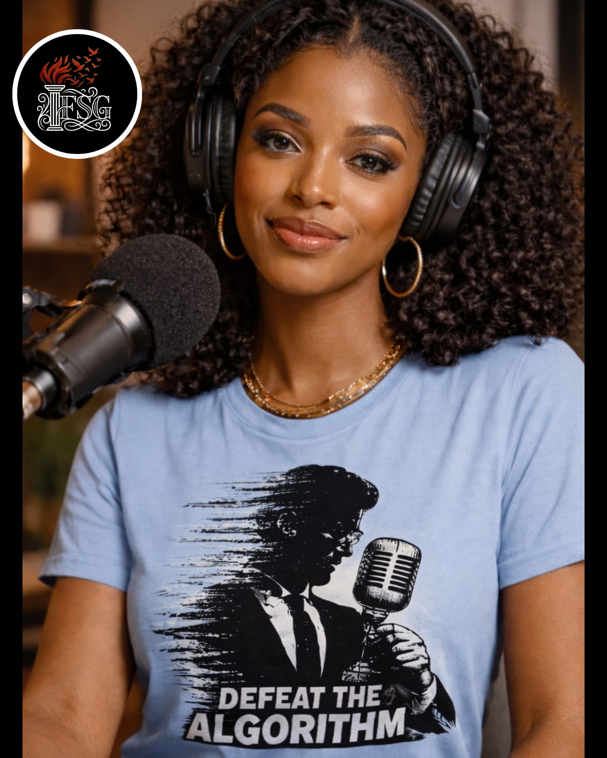 Defeat the Algorithm T-Shirt — Retro Mic Podcaster Graphic Tee product thumbnail image