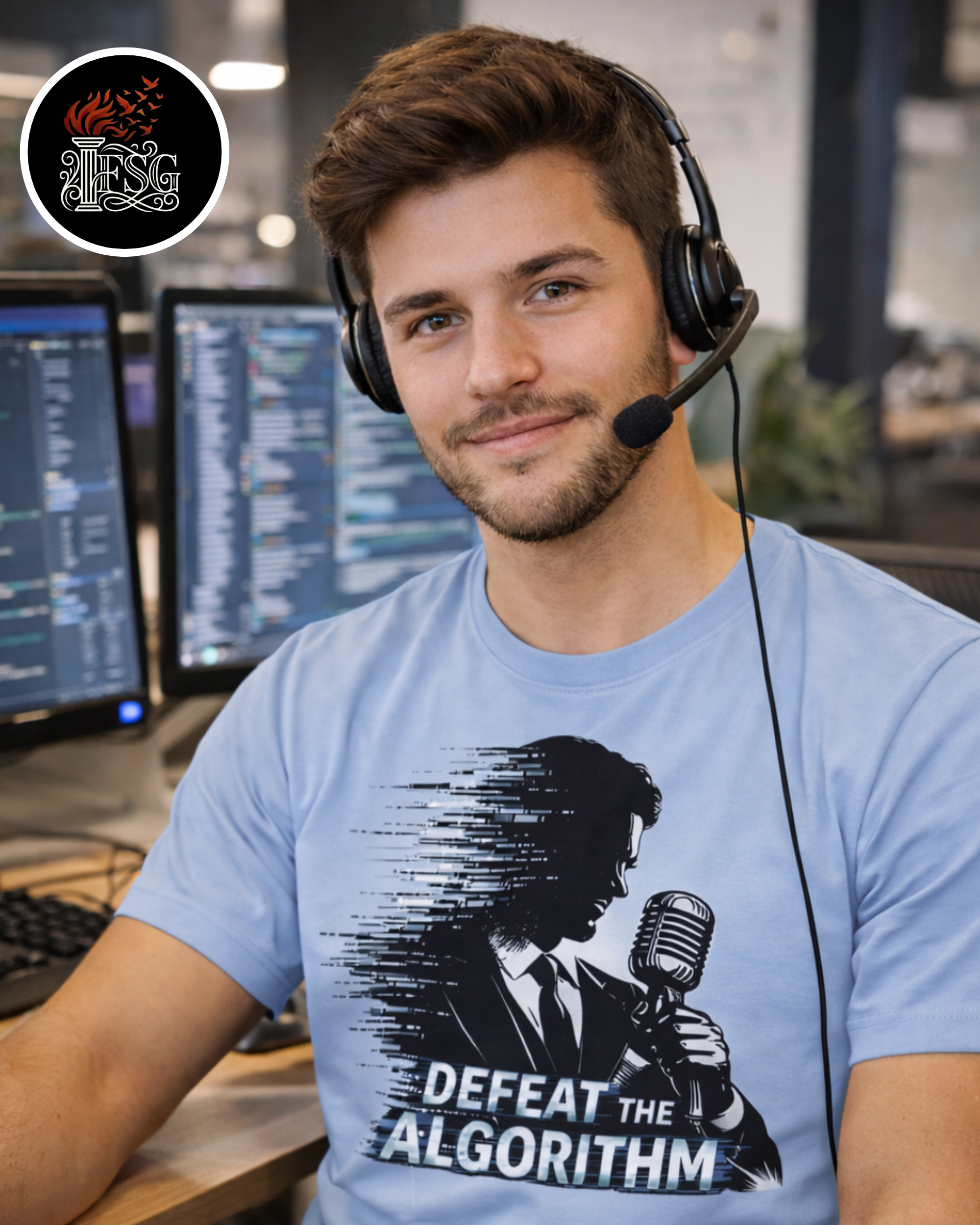 Defeat the Algorithm T-Shirt — Retro Mic Podcaster Graphic Tee product thumbnail image Defeat the Algorithm T-Shirt — Retro Mic Podcaster Graphic Tee product thumbnail image