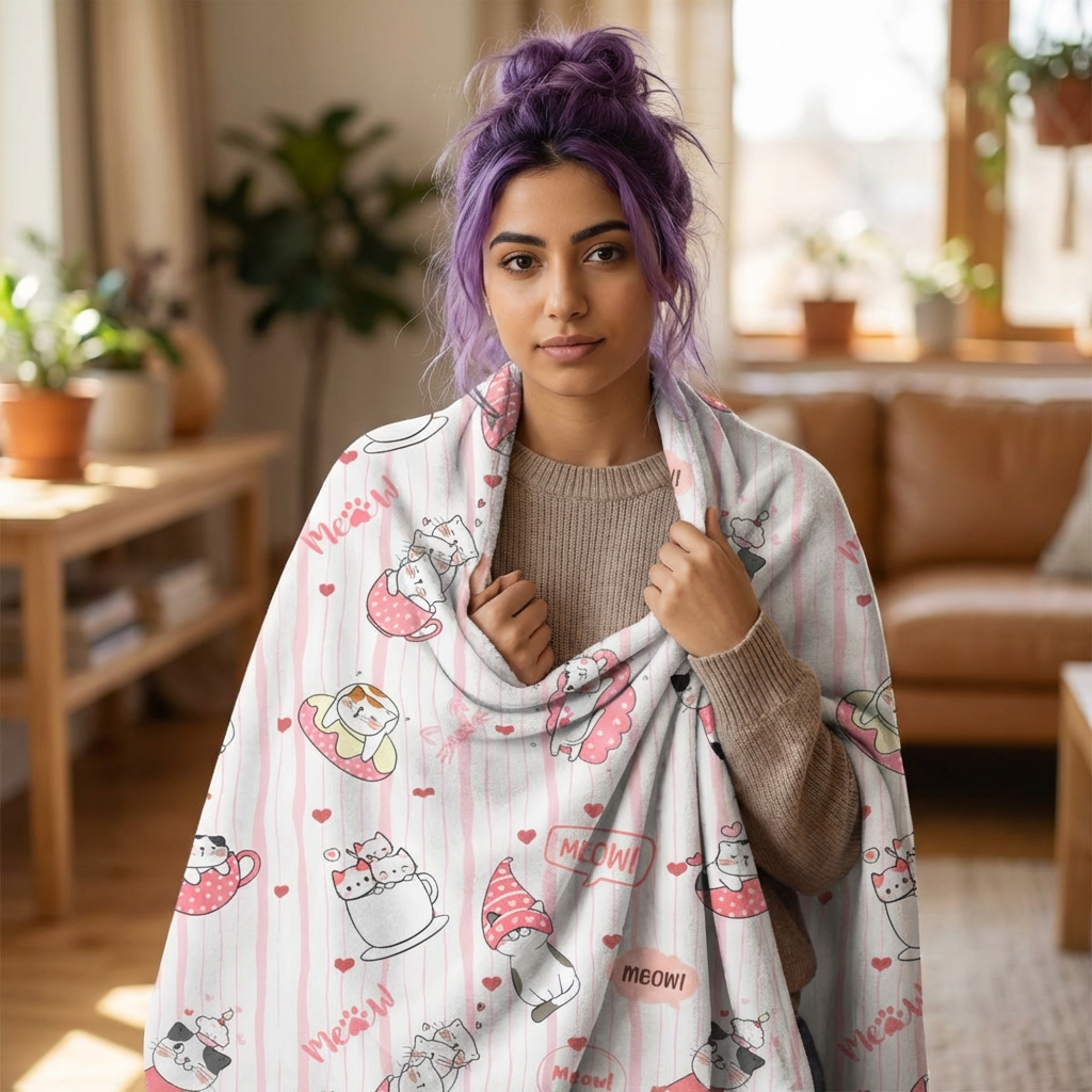 Cute Pink Cat Sherpa Blanket — 'Meow!' Cozy Fleece Throw for Kids &amp; Cat Lovers product thumbnail image