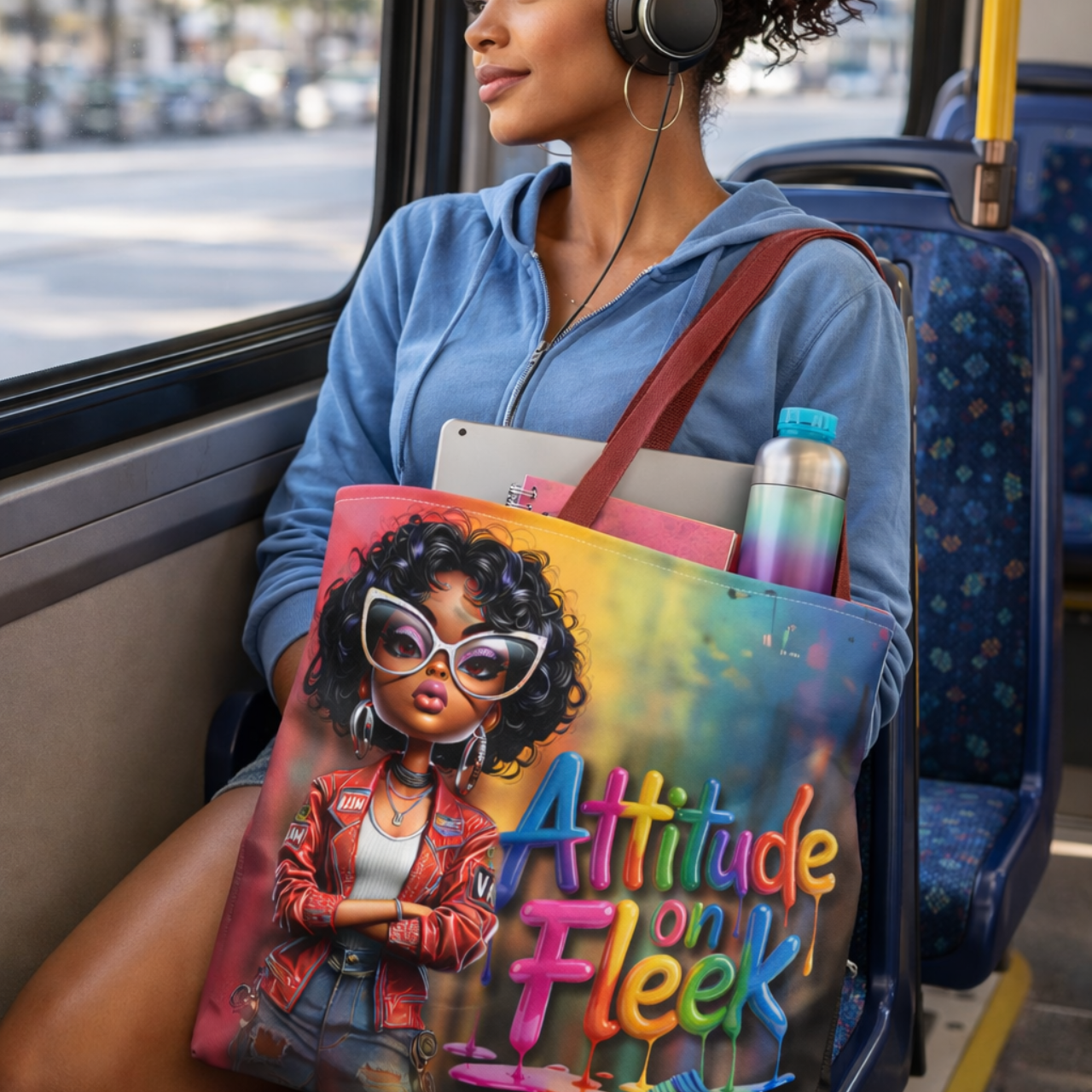 Attitude on Fleek Tote Bag — Colorful Afro Chic Graphic Tote product thumbnail image Attitude on Fleek Tote Bag — Colorful Afro Chic Graphic Tote product thumbnail image