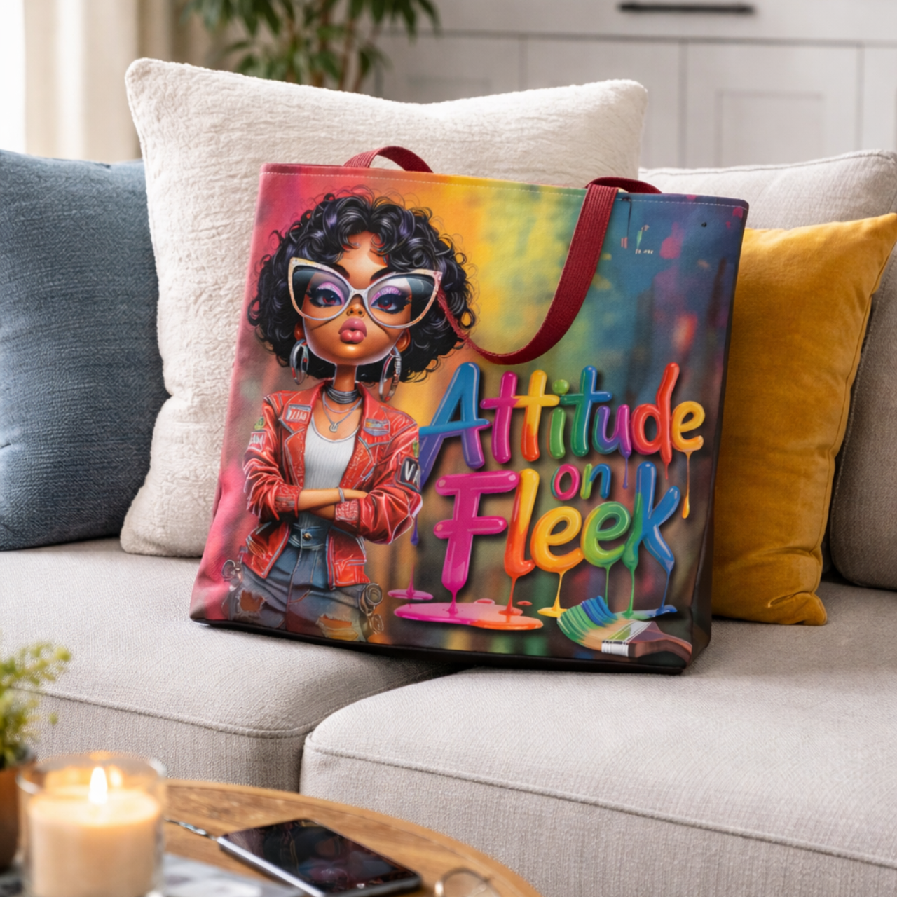 Attitude on Fleek Tote Bag — Colorful Afro Chic Graphic Tote product thumbnail image Attitude on Fleek Tote Bag — Colorful Afro Chic Graphic Tote product thumbnail image