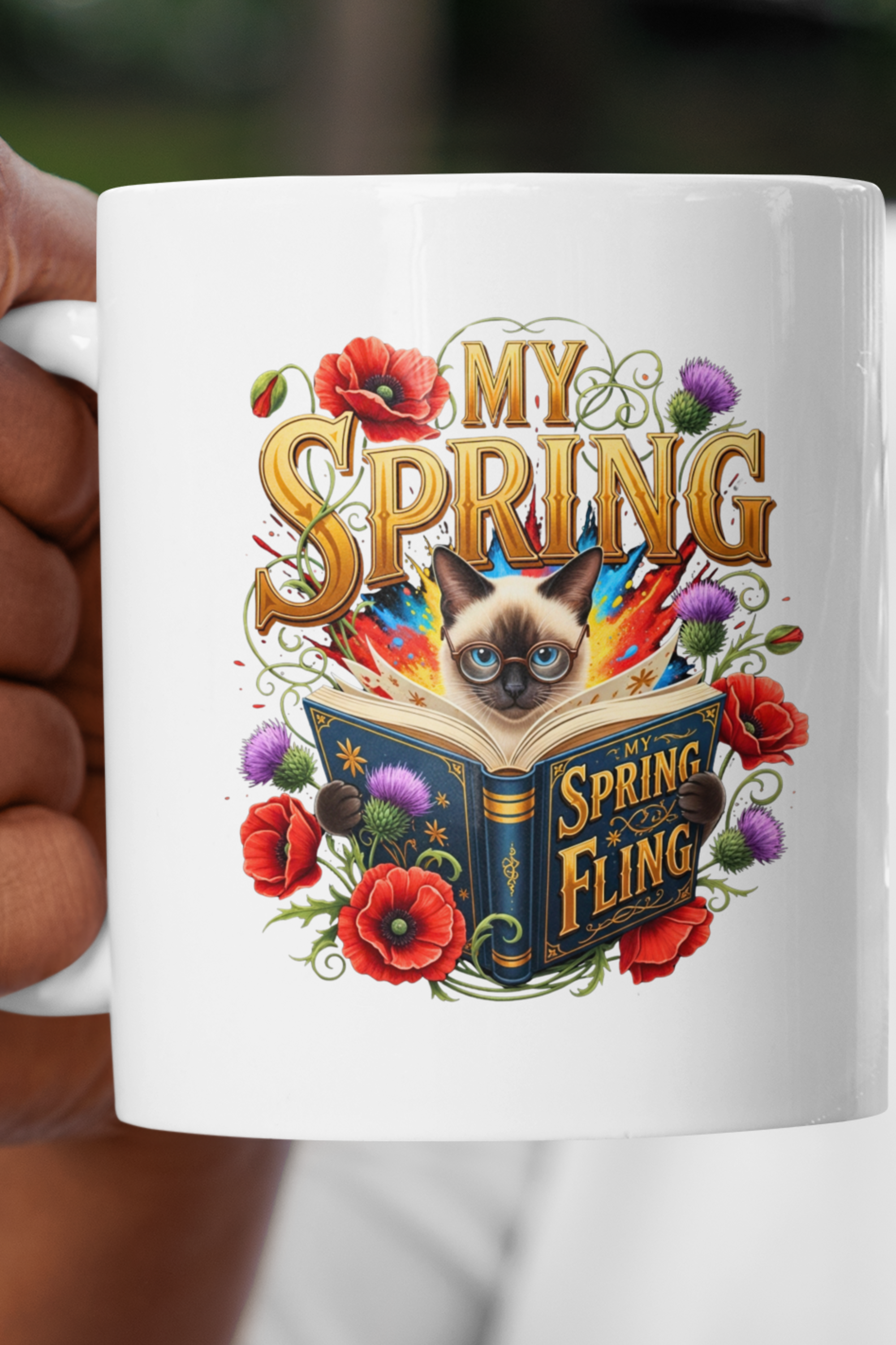 Spring Fling Book Lovers Ceramic Mug (11oz/15oz) | Floral Bookish 'My Spring Fling' Cute Cat Reading | Vintage Siamese Cat & Flowers Graphic Coffee & Tea Cup | Cat Lovers product thumbnail image Spring Fling Book Lovers Ceramic Mug (11oz/15oz) | Floral Bookish 'My Spring Fling' Cute Cat Reading | Vintage Siamese Cat & Flowers Graphic Coffee & Tea Cup | Cat Lovers product thumbnail image