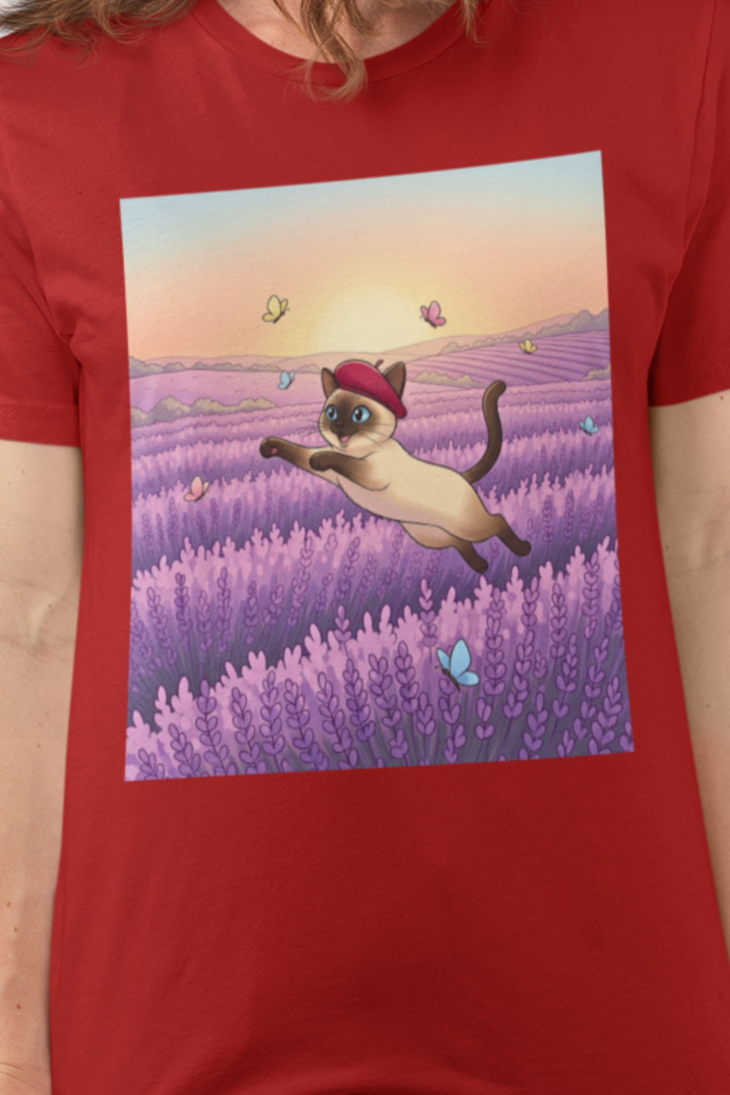 Siamese Cat in French Lavender Field Comfort Colors Unisex T-Shirt | Cat Chases Butterflies in Lavender French Meadow at Sunset Tee | Cute Cat Lovers Graphic | Funny Kitty